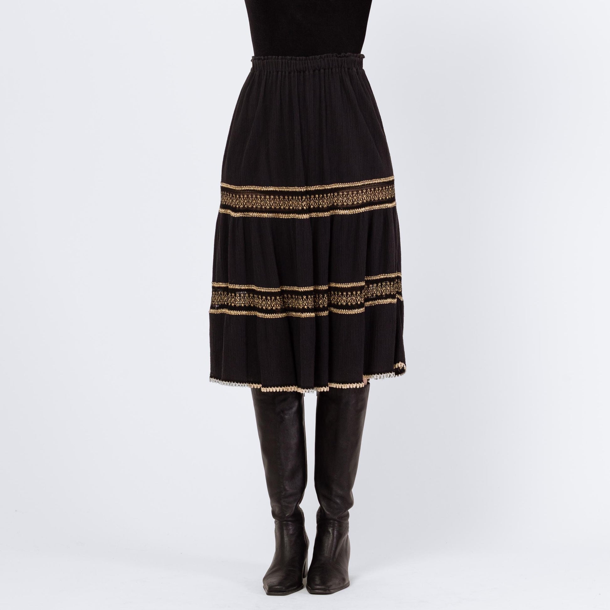 Vintage 90s Grecian Black & Gold Gauzy Skirt - XS to Large | Made In Greece Crinkle Boho Metallic Festival Midi Skirt