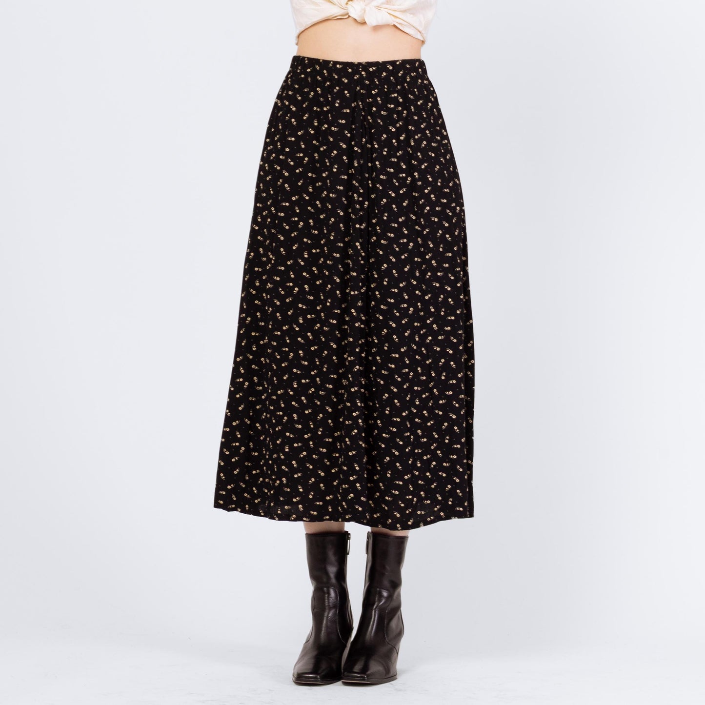 Vintage 90s Black Calico Floral Grunge Midi Skirt - Small to Medium | Boho High Waisted A Line Flowy Skirt