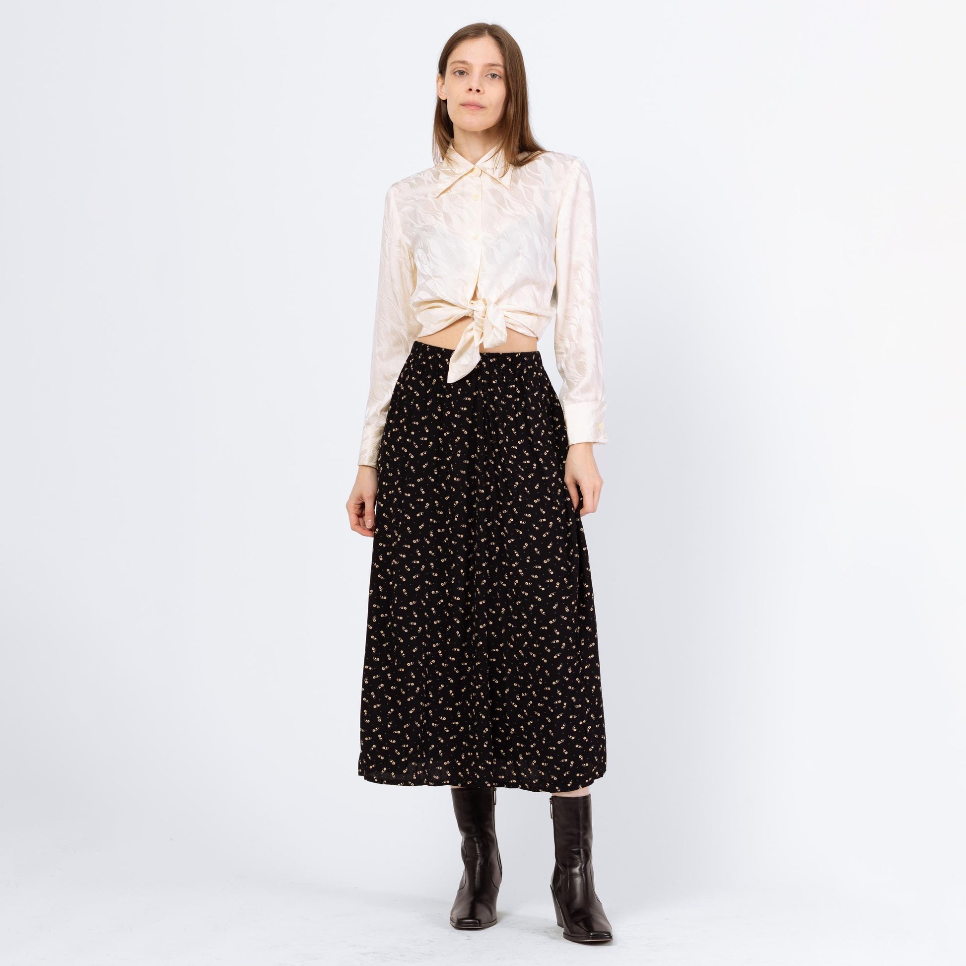 Vintage 90s Black Calico Floral Grunge Midi Skirt - Small to Medium | Boho High Waisted A Line Flowy Skirt