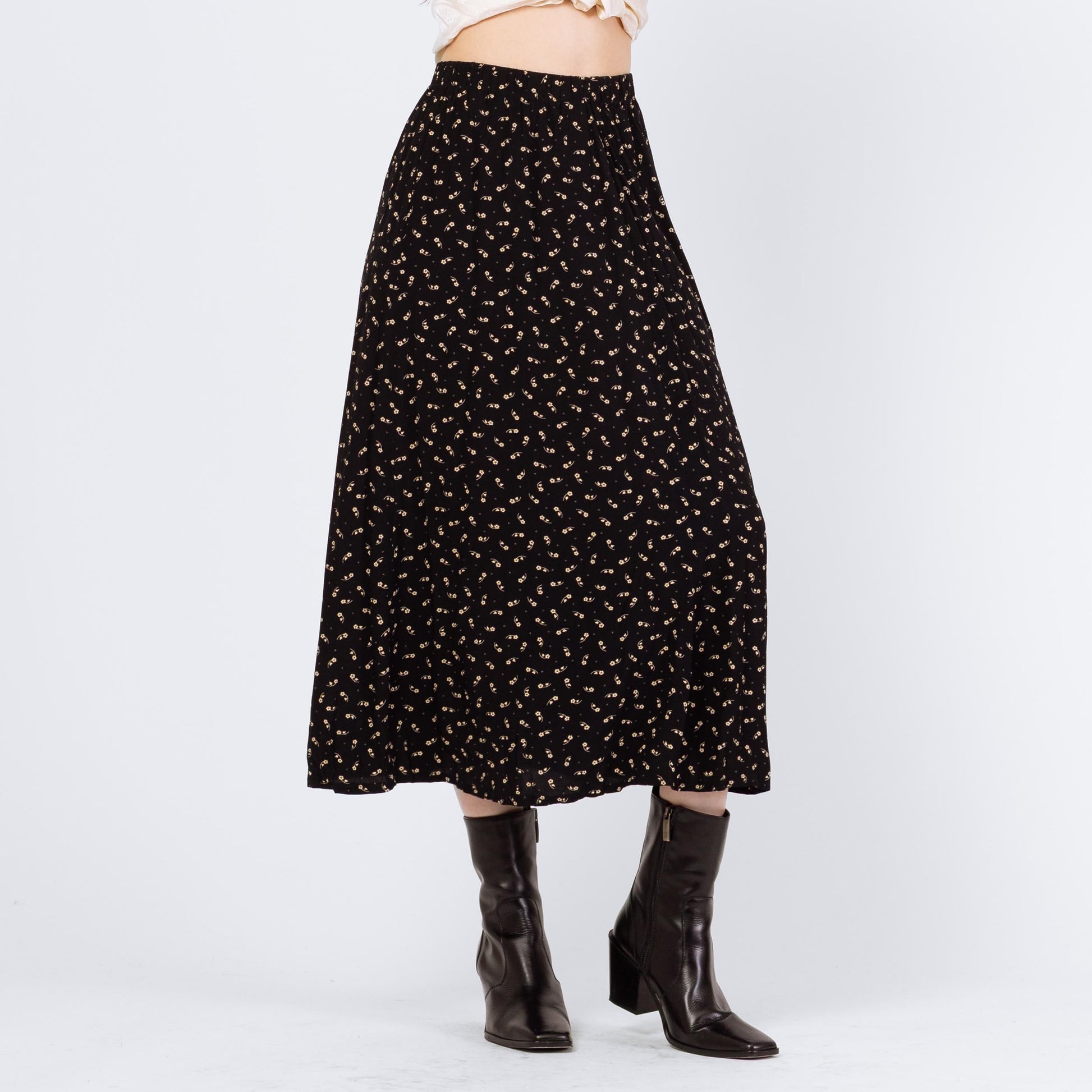 Vintage 90s Black Calico Floral Grunge Midi Skirt - Small to Medium | Boho High Waisted A Line Flowy Skirt