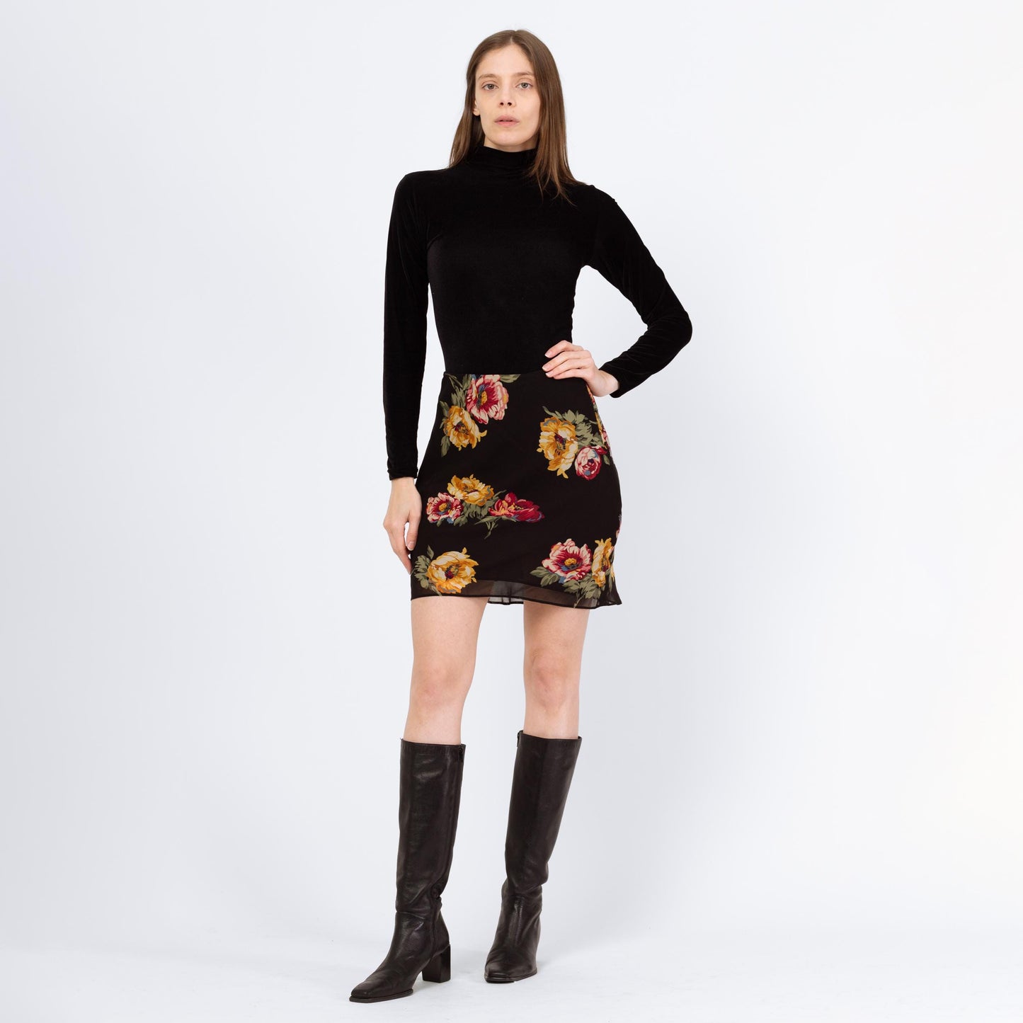 Vintage 90s Ralph Lauren Black Peony Floral Mini Skirt – Extra Small | Boho Bias Cut Pencil Skirt