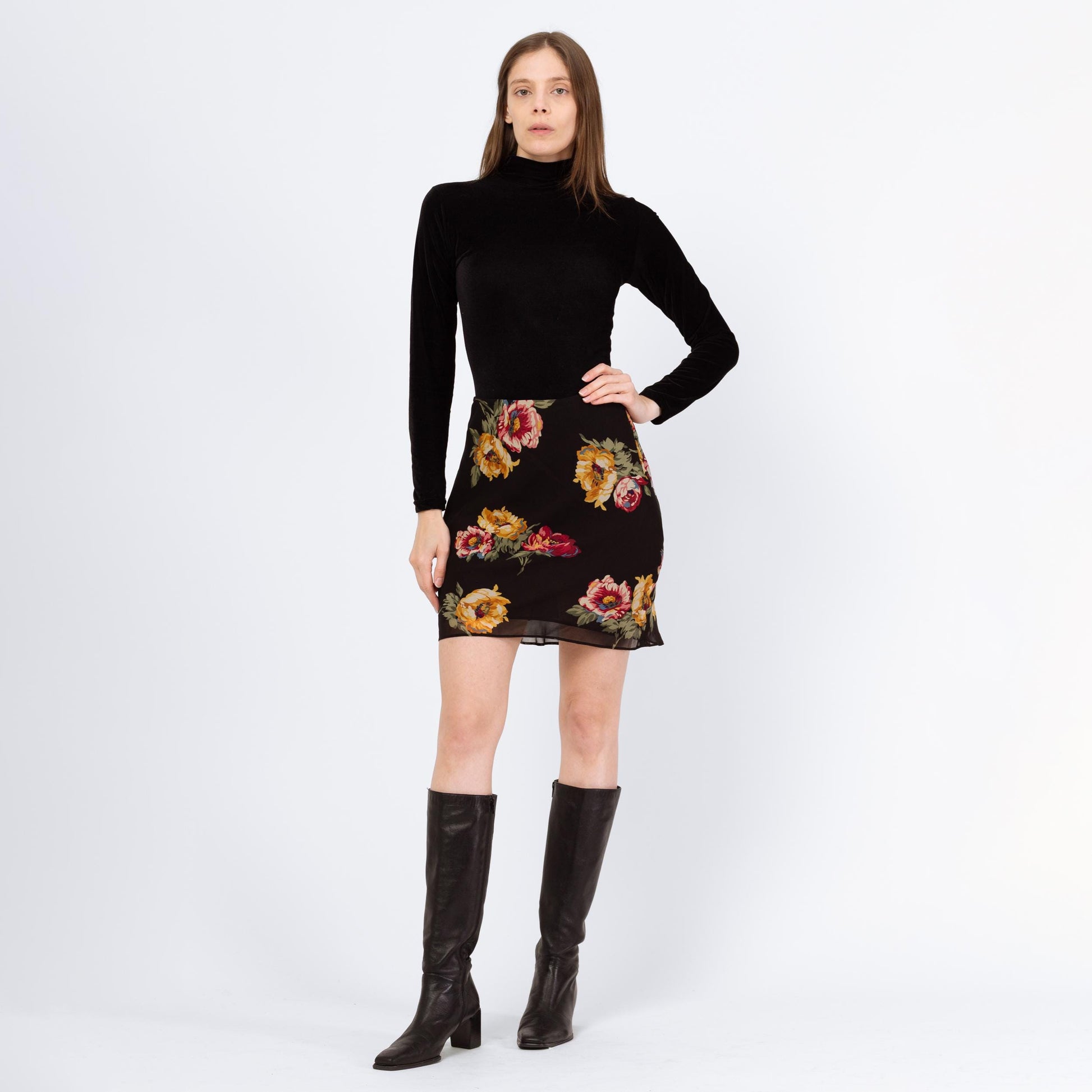 Vintage 90s Ralph Lauren Black Peony Floral Mini Skirt – Extra Small | Boho Bias Cut Pencil Skirt