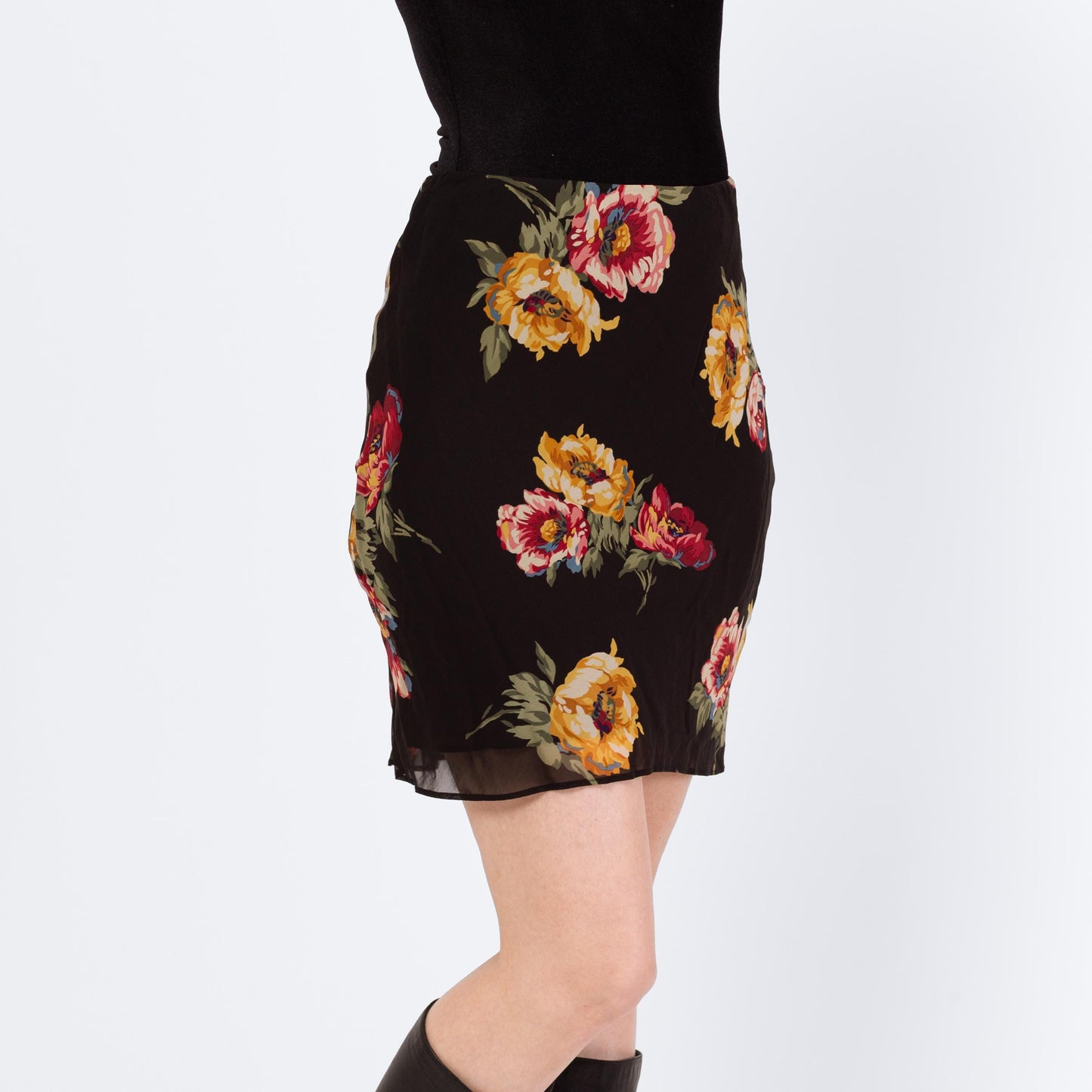 Vintage 90s Ralph Lauren Black Peony Floral Mini Skirt – Extra Small | Boho Bias Cut Pencil Skirt