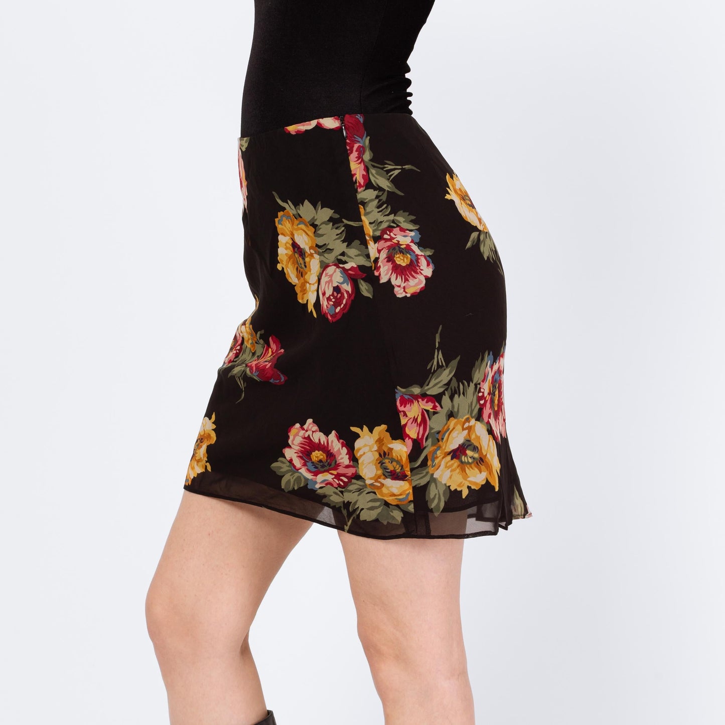Vintage 90s Ralph Lauren Black Peony Floral Mini Skirt – Extra Small | Boho Bias Cut Pencil Skirt