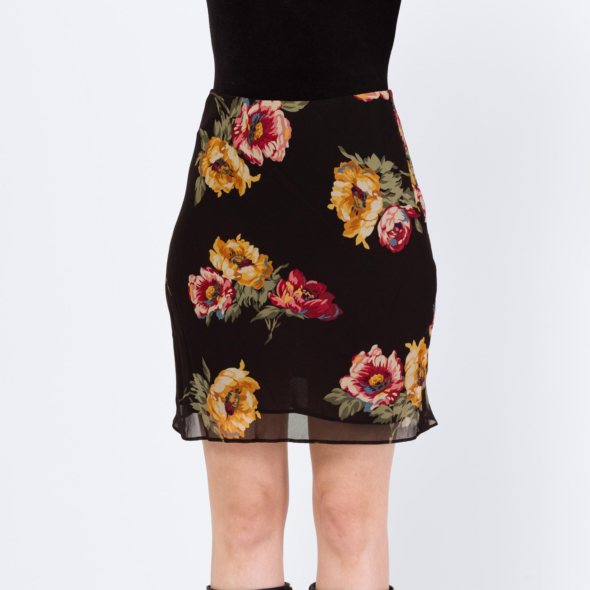 Vintage 90s Ralph Lauren Black Peony Floral Mini Skirt – Extra Small | Boho Bias Cut Pencil Skirt