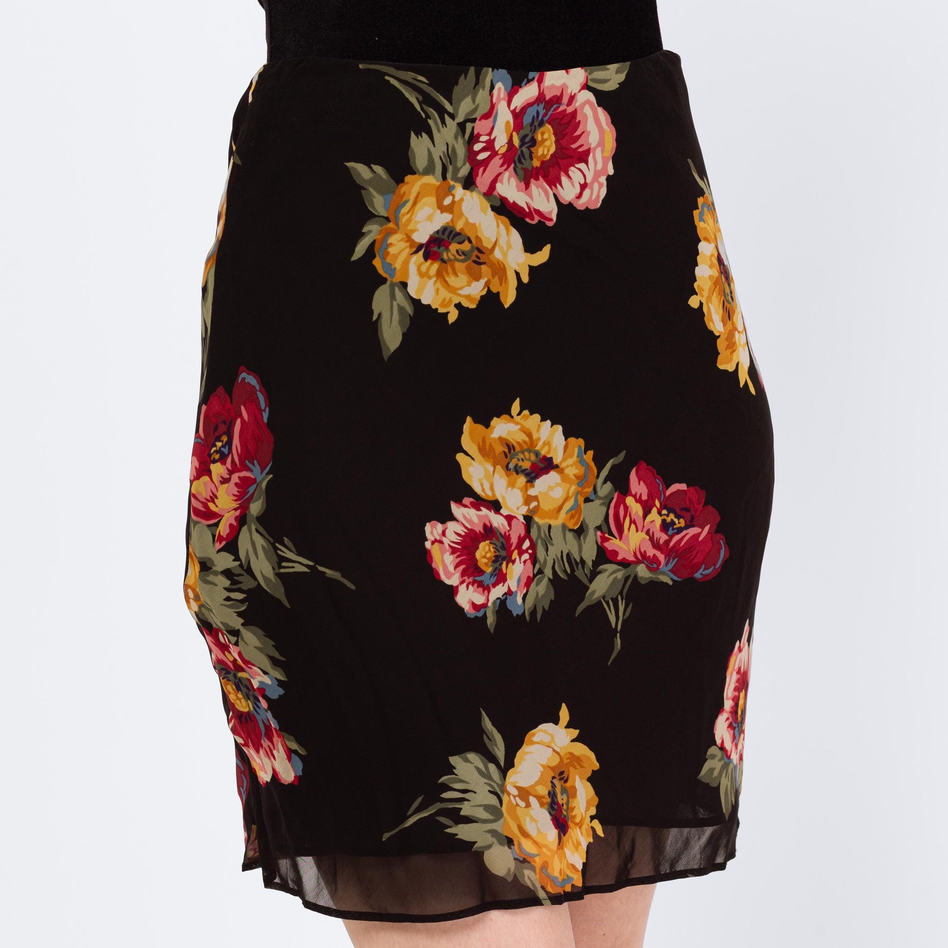 Vintage 90s Ralph Lauren Black Peony Floral Mini Skirt – Extra Small | Boho Bias Cut Pencil Skirt
