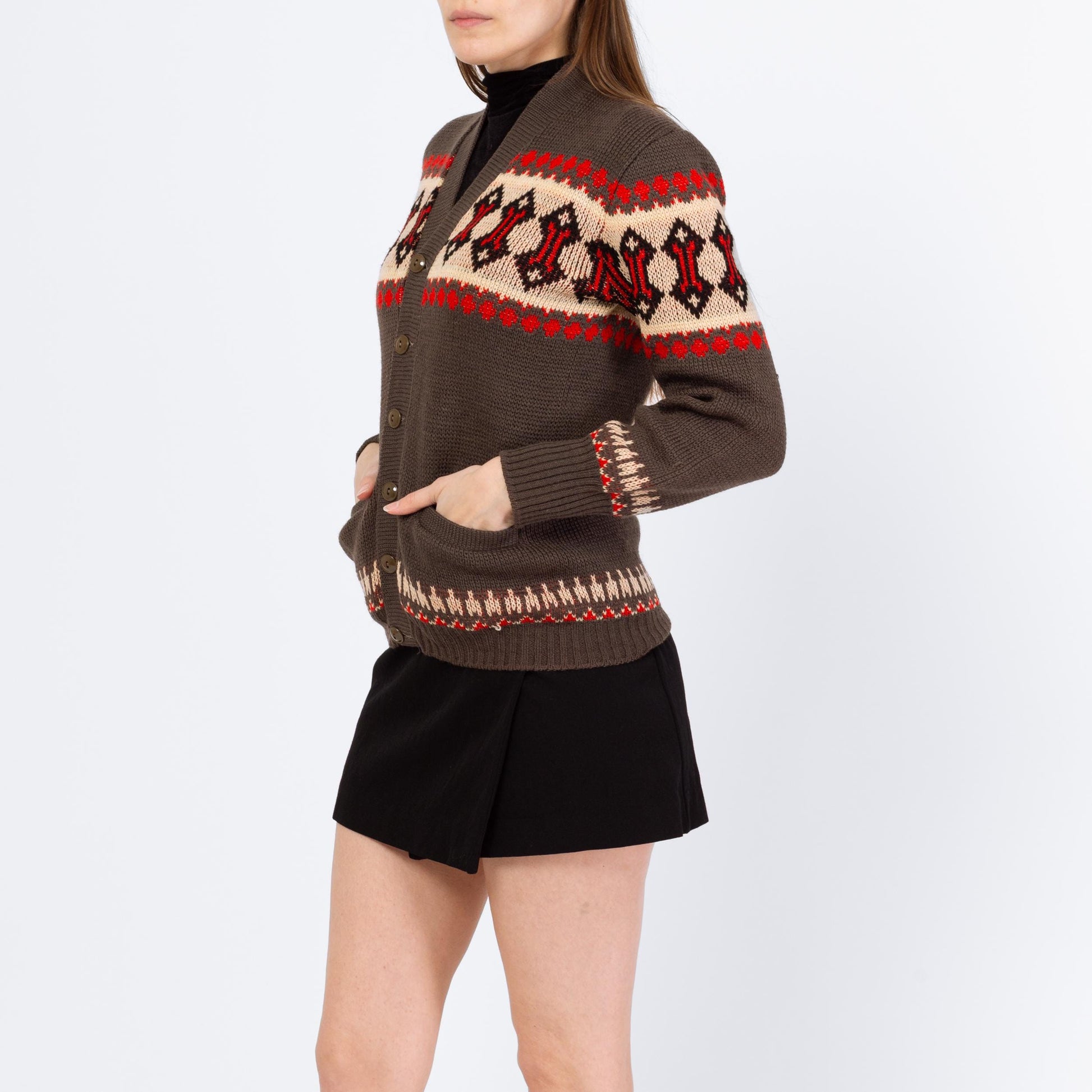 Vintage 70s Southwestern Knit V Neck Cardigan - Small | Geometric Striped Wool Button Up Sweater