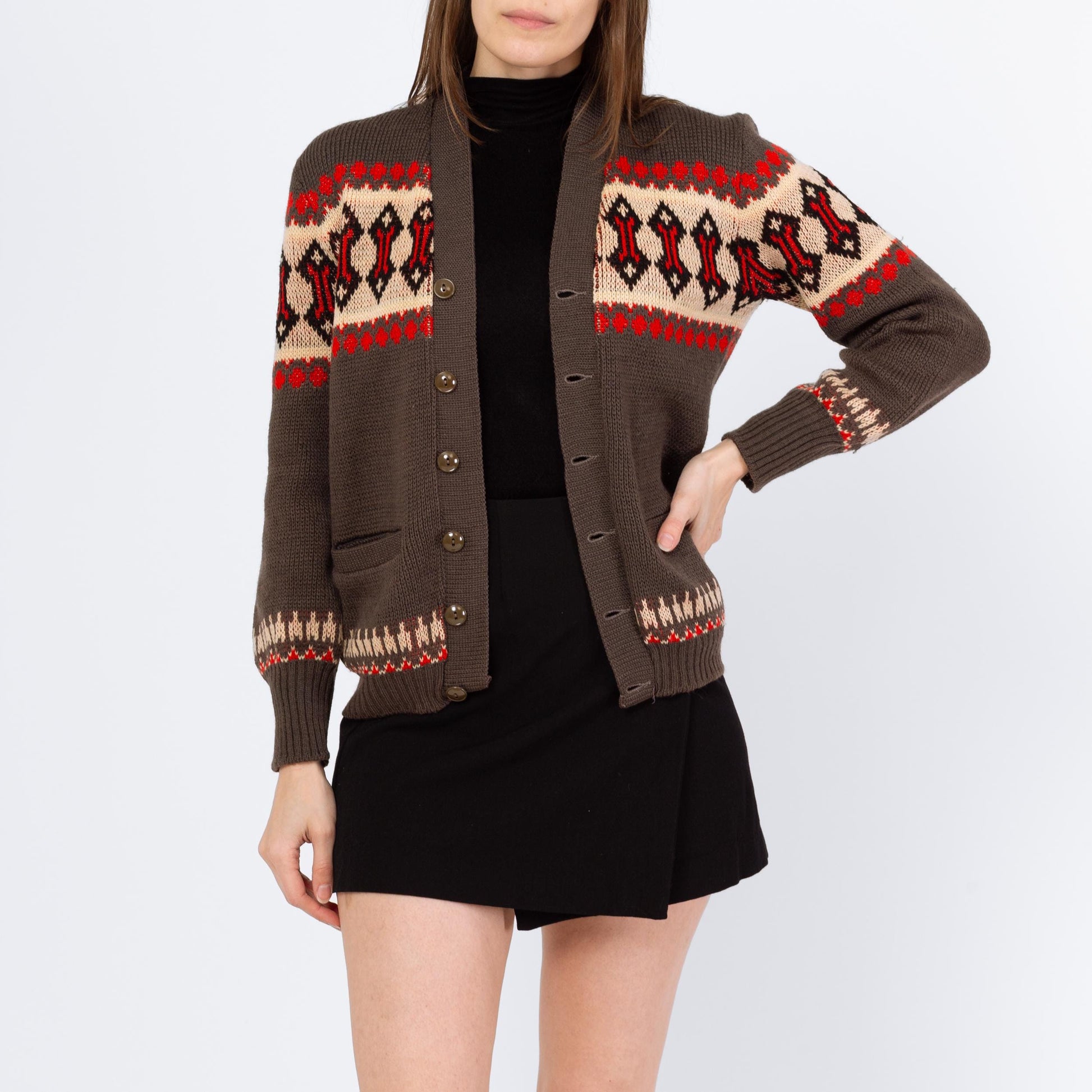 Vintage 70s Southwestern Knit V Neck Cardigan - Small | Geometric Striped Wool Button Up Sweater