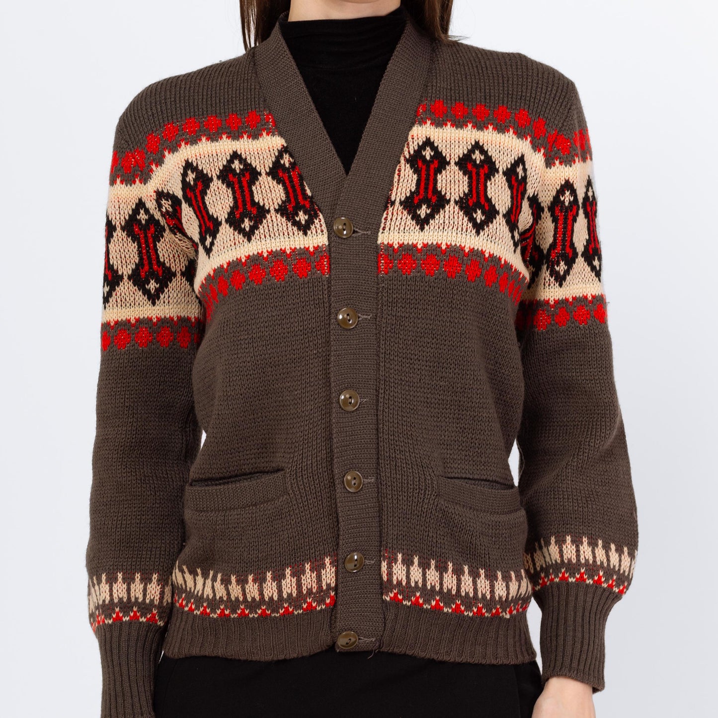 Vintage 70s Southwestern Knit V Neck Cardigan - Small | Geometric Striped Wool Button Up Sweater
