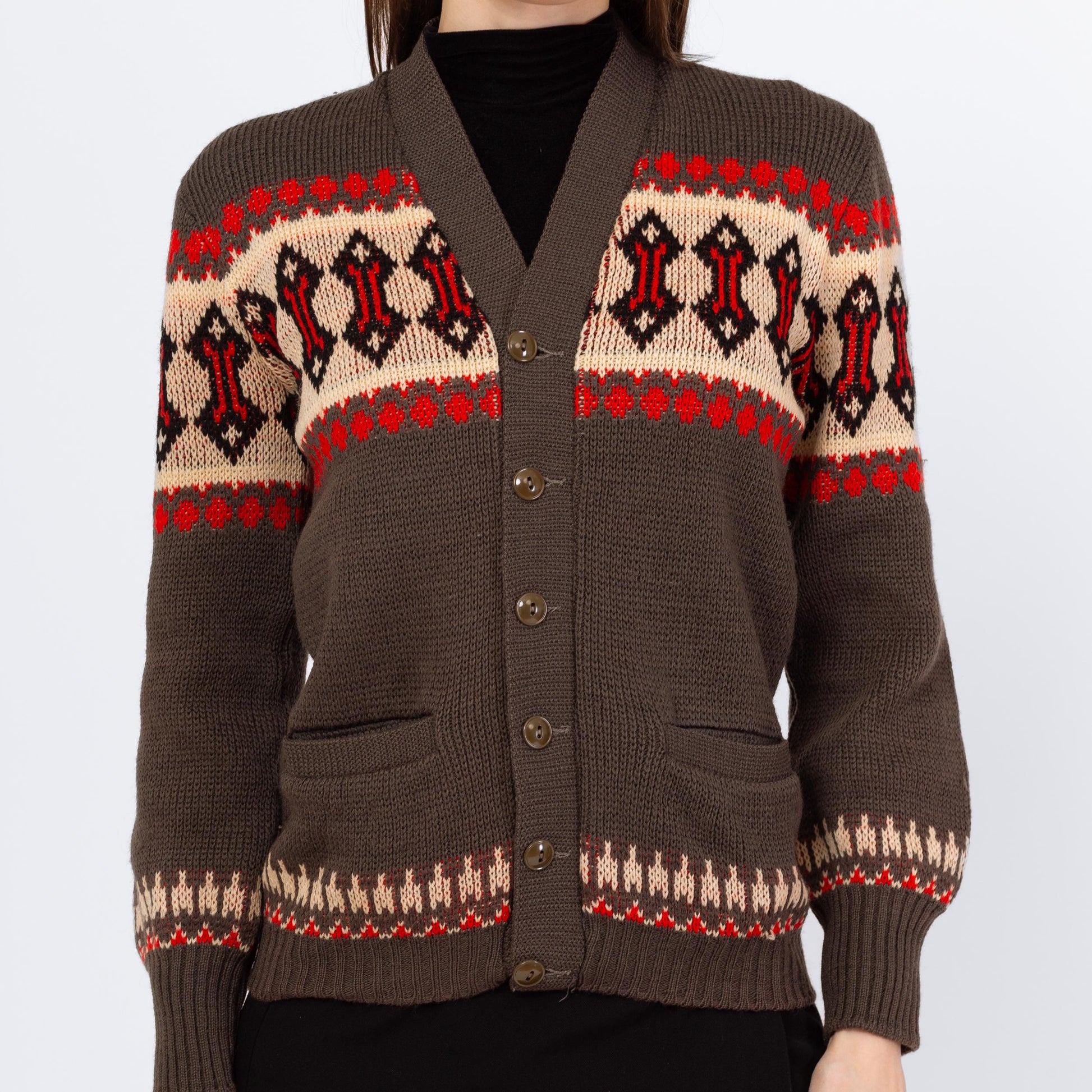 Vintage 70s Southwestern Knit V Neck Cardigan - Small | Geometric Striped Wool Button Up Sweater