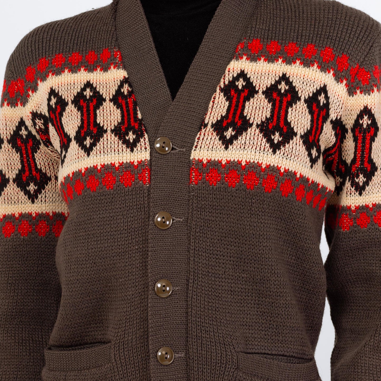 Vintage 70s Southwestern Knit V Neck Cardigan - Small | Geometric Striped Wool Button Up Sweater