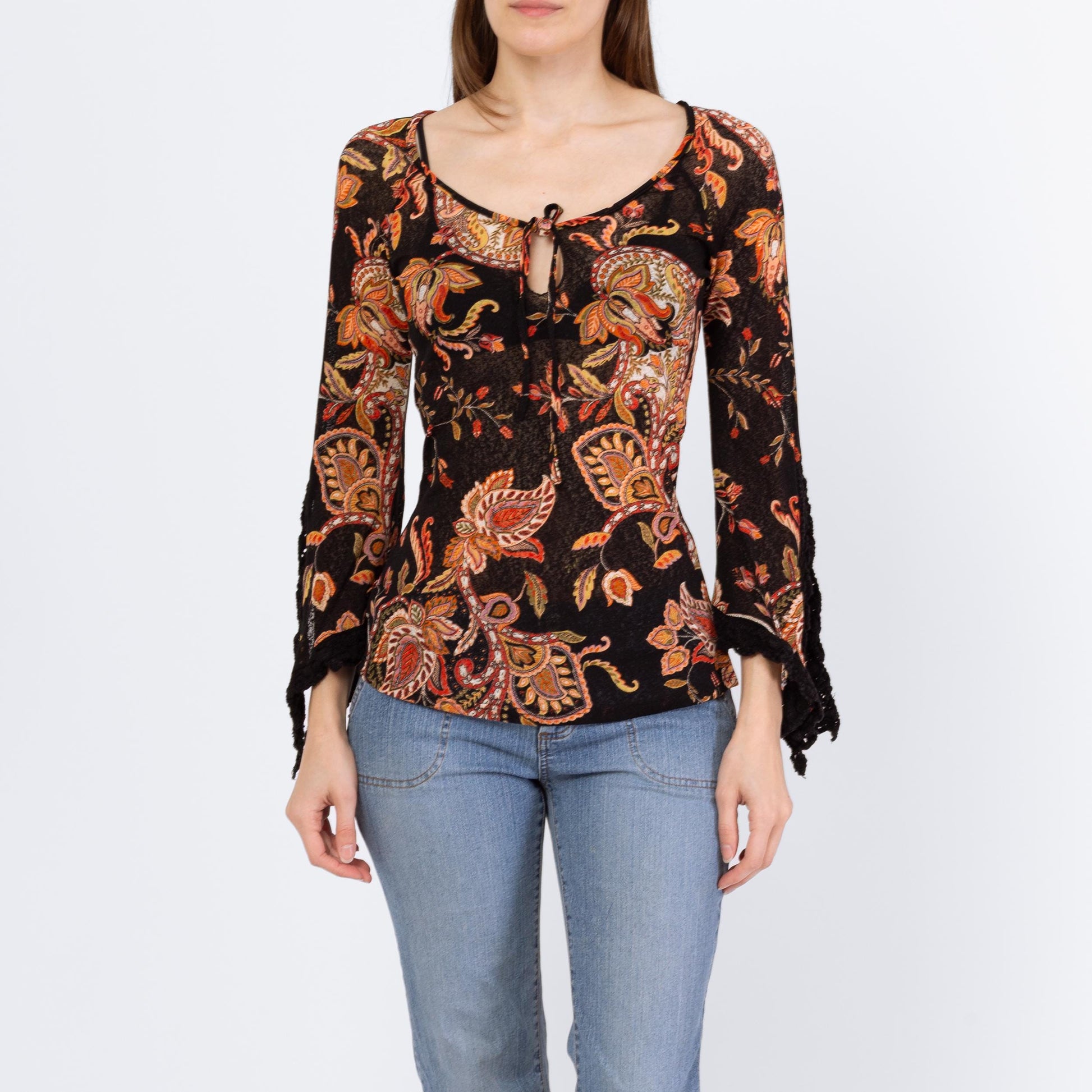 Vintage Y2K Sheer Paisley Floral Angel Sleeve Blouse - Extra Small | Boho Black Keyhole Neck Hippie Top