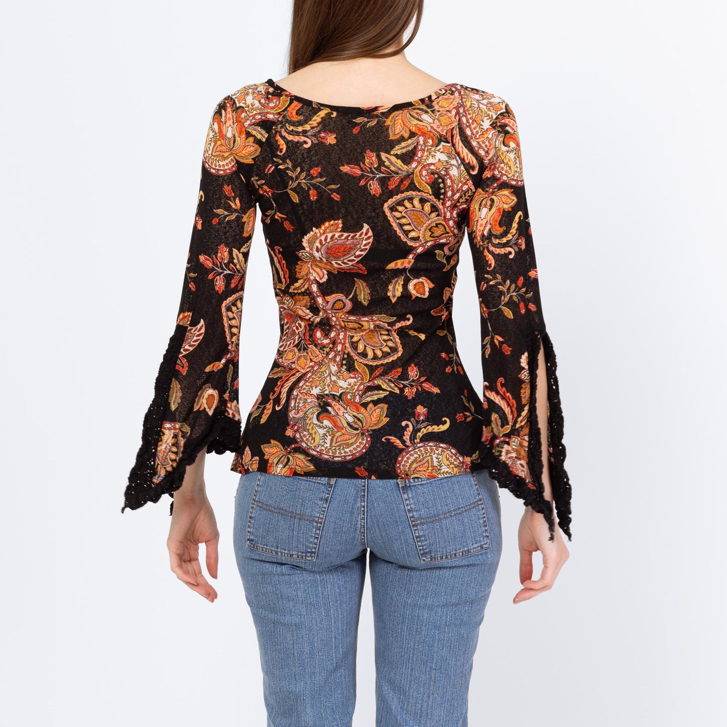Vintage Y2K Sheer Paisley Floral Angel Sleeve Blouse - Extra Small | Boho Black Keyhole Neck Hippie Top