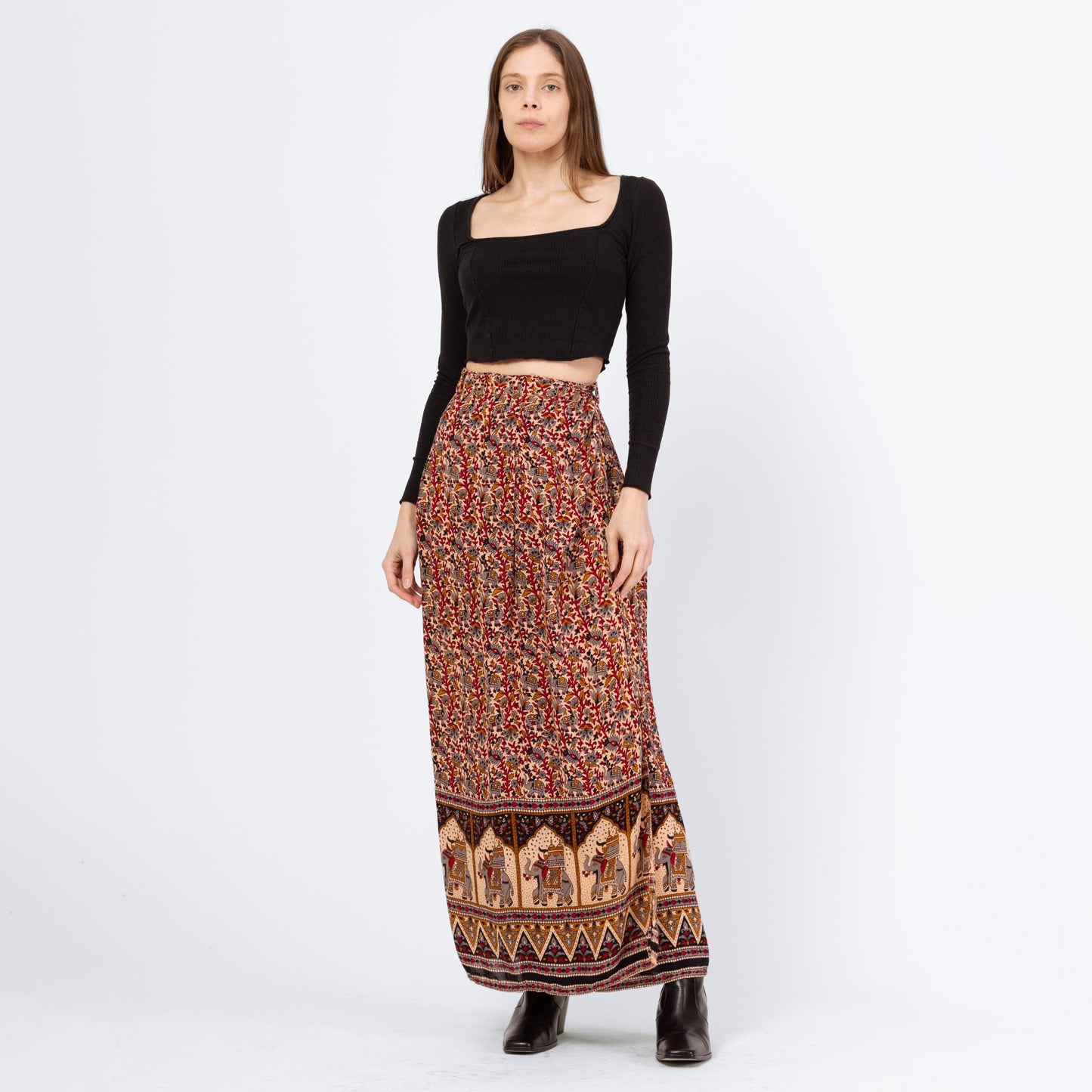 Vintage 90s Indian Block Print Maxi Wrap Skirt - XS to Medium | Boho Batik Elephant Print Rayon A Line Hippie Skirt