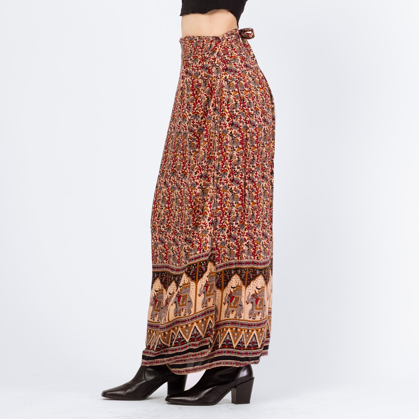 Vintage 90s Indian Block Print Maxi Wrap Skirt - XS to Medium | Boho Batik Elephant Print Rayon A Line Hippie Skirt