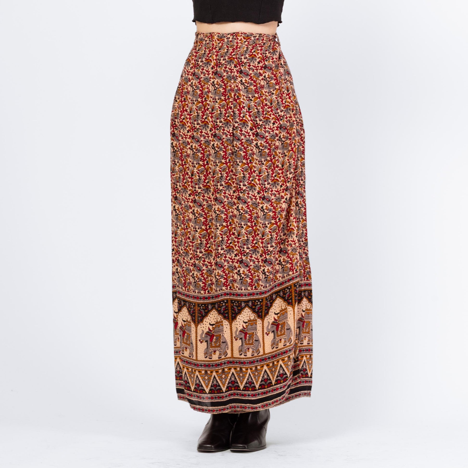 Vintage 90s Indian Block Print Maxi Wrap Skirt - XS to Medium | Boho Batik Elephant Print Rayon A Line Hippie Skirt