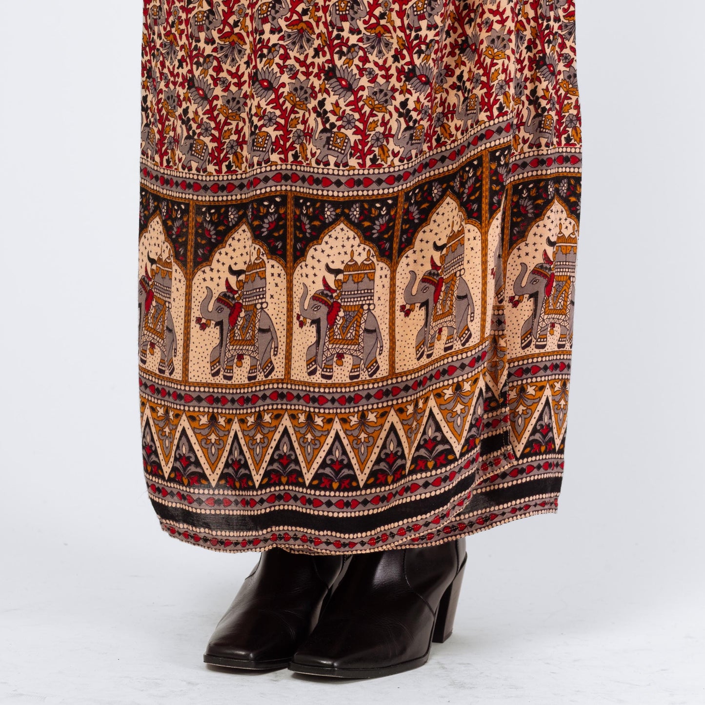 Vintage 90s Indian Block Print Maxi Wrap Skirt - XS to Medium | Boho Batik Elephant Print Rayon A Line Hippie Skirt