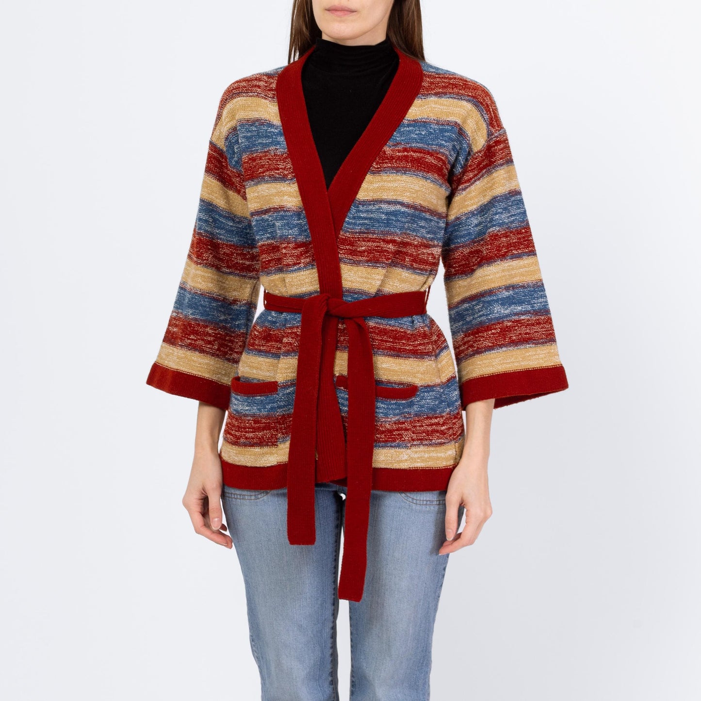 Vintage 70s Striped Space Dye Knit Belted Cardigan - Small | Boho Open Fit Striped 3/4 Bell Sleeve Hippie Wrap Sweater