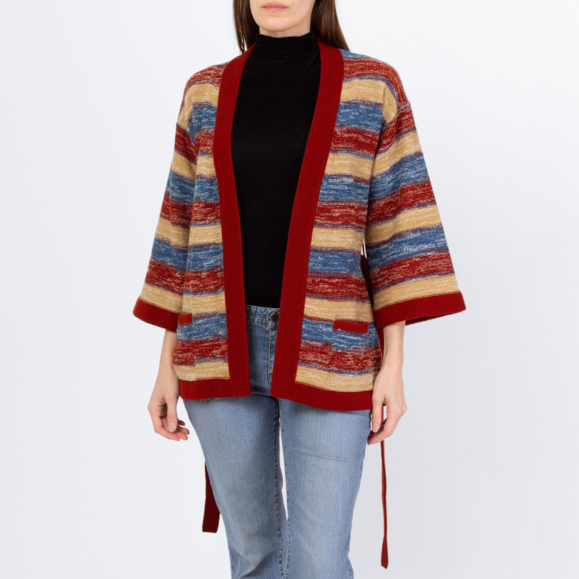 Vintage 70s Striped Space Dye Knit Belted Cardigan - Small | Boho Open Fit Striped 3/4 Bell Sleeve Hippie Wrap Sweater