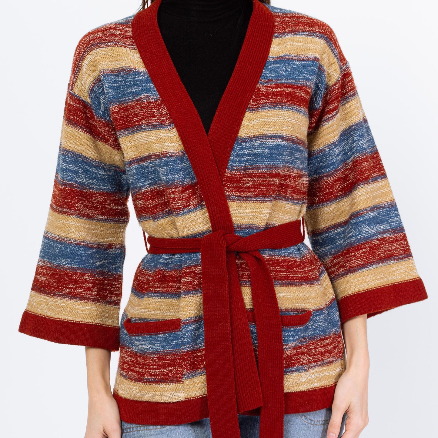 Vintage 70s Striped Space Dye Knit Belted Cardigan - Small | Boho Open Fit Striped 3/4 Bell Sleeve Hippie Wrap Sweater