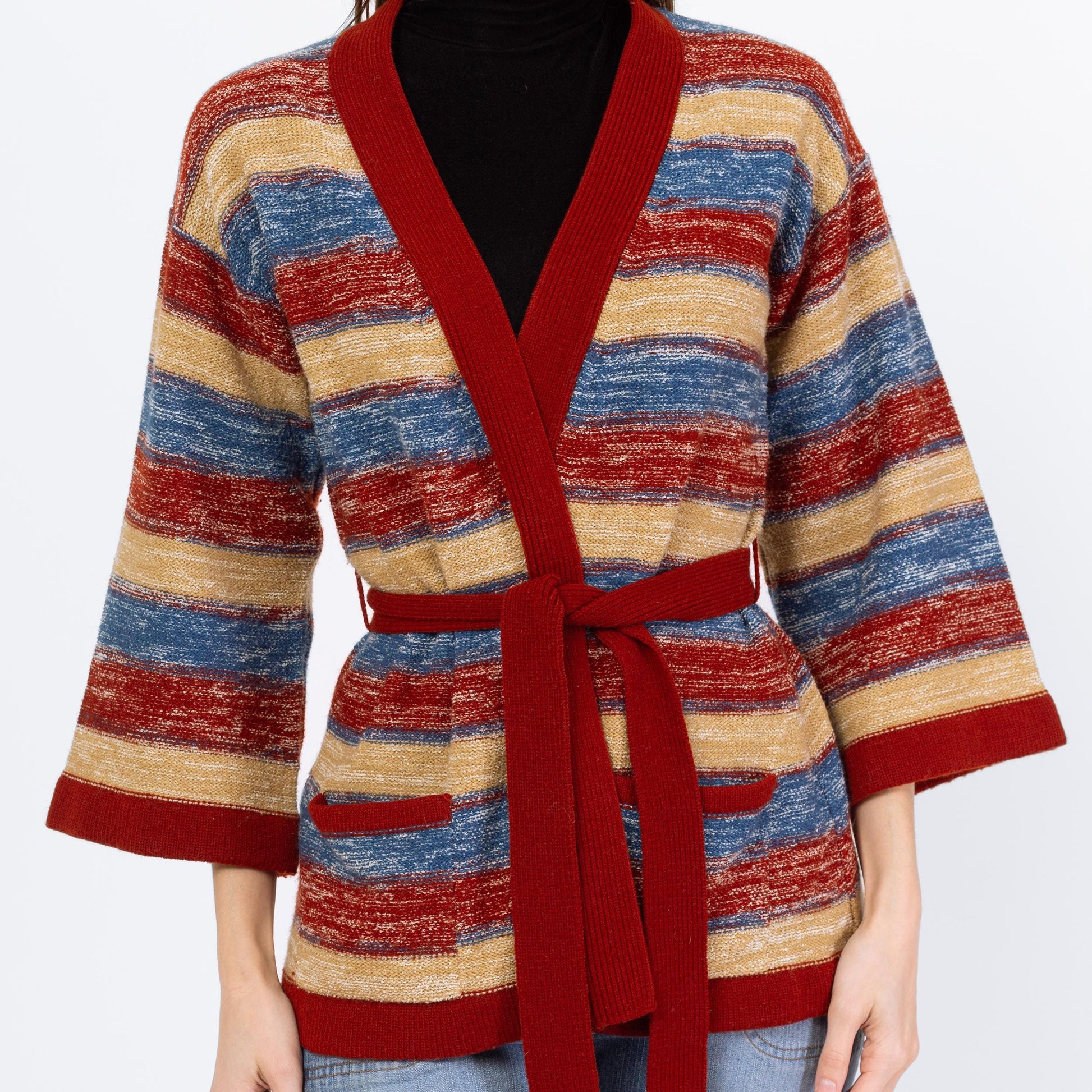 Vintage 70s Striped Space Dye Knit Belted Cardigan - Small | Boho Open Fit Striped 3/4 Bell Sleeve Hippie Wrap Sweater