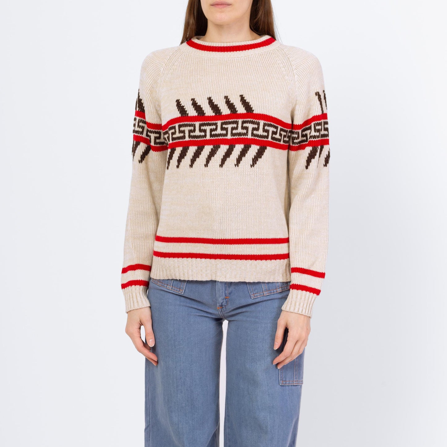 Vintage 70s Southwestern Striped Sweater - Small to Medium | Unisex Soft Cream Knit Winter Pullover Sweater