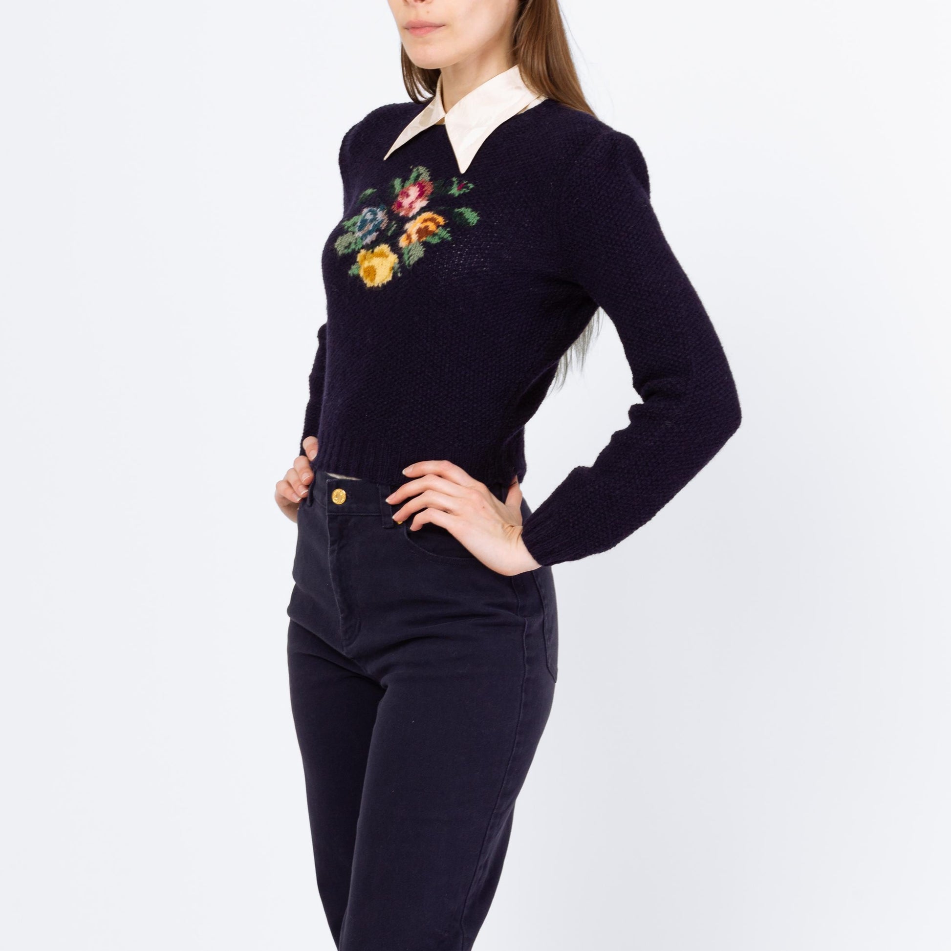 Vintage 80s Ralph Lauren Floral Needlepoint Sampler Cropped Sweater - Small to Medium | Preppy Navy Blue Wool Intarsia Hand-Knit Pullover