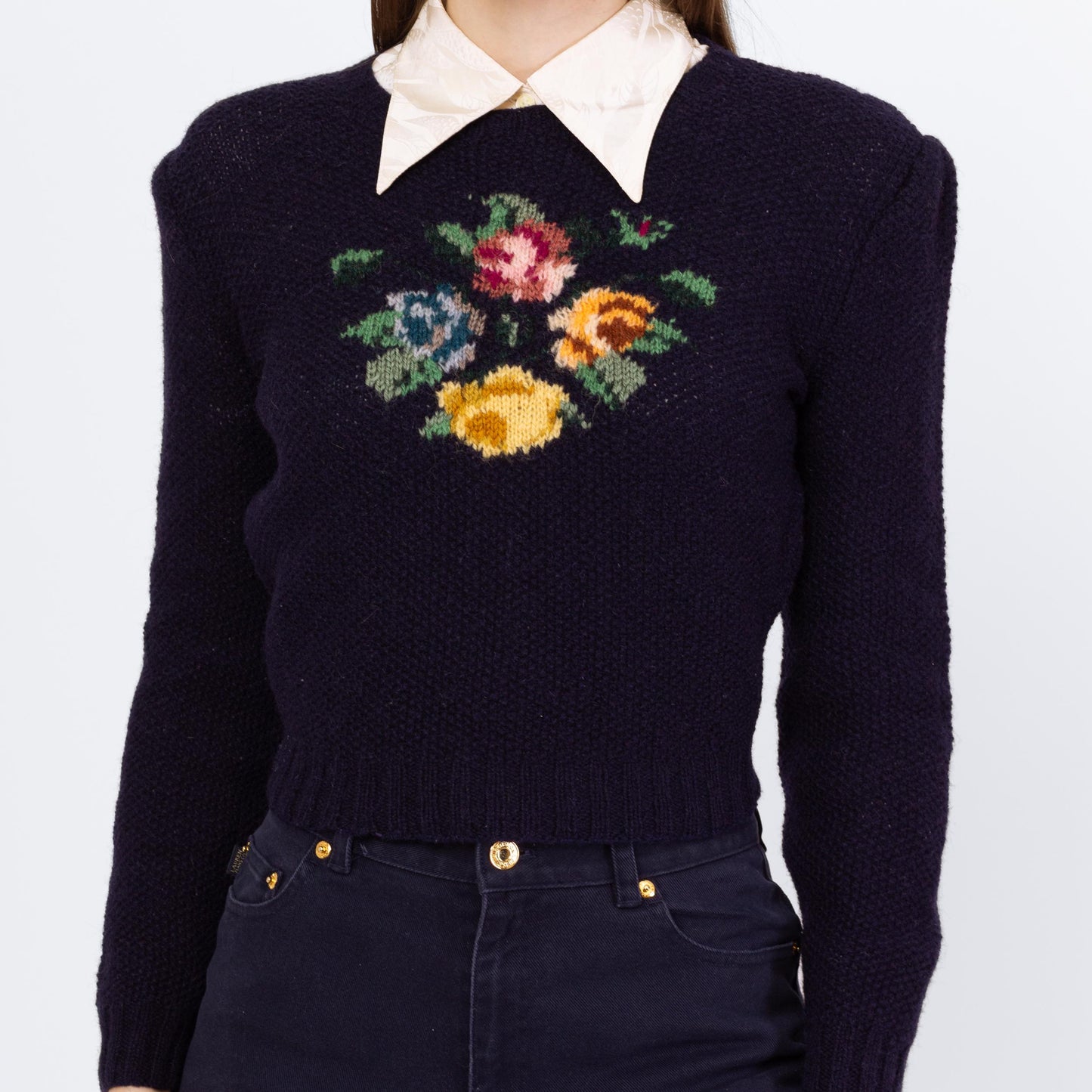 Vintage 80s Ralph Lauren Floral Needlepoint Sampler Cropped Sweater - Small to Medium | Preppy Navy Blue Wool Intarsia Hand-Knit Pullover