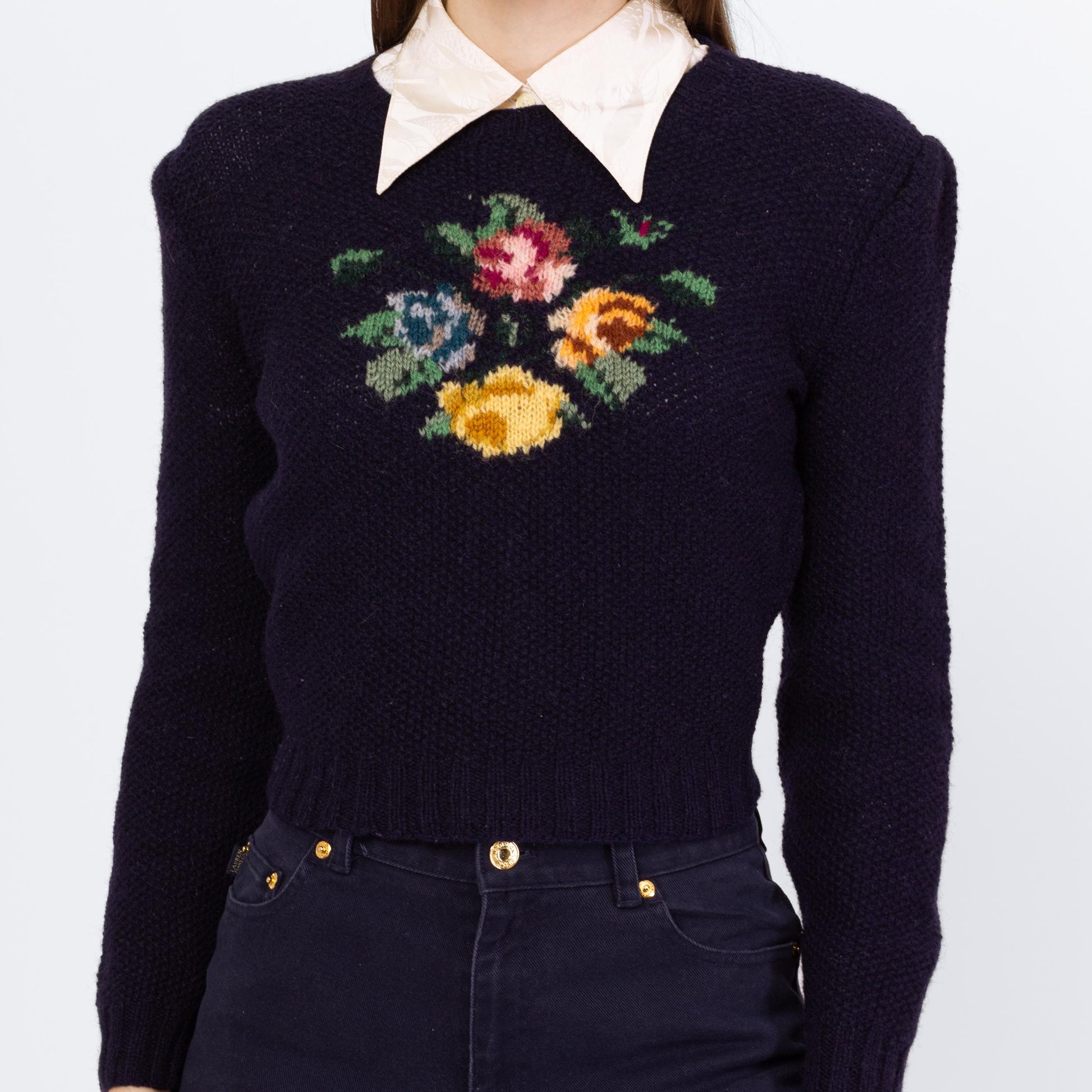 Vintage 80s Ralph Lauren Floral Needlepoint Sampler Cropped Sweater - Small to Medium | Preppy Navy Blue Wool Intarsia Hand-Knit Pullover