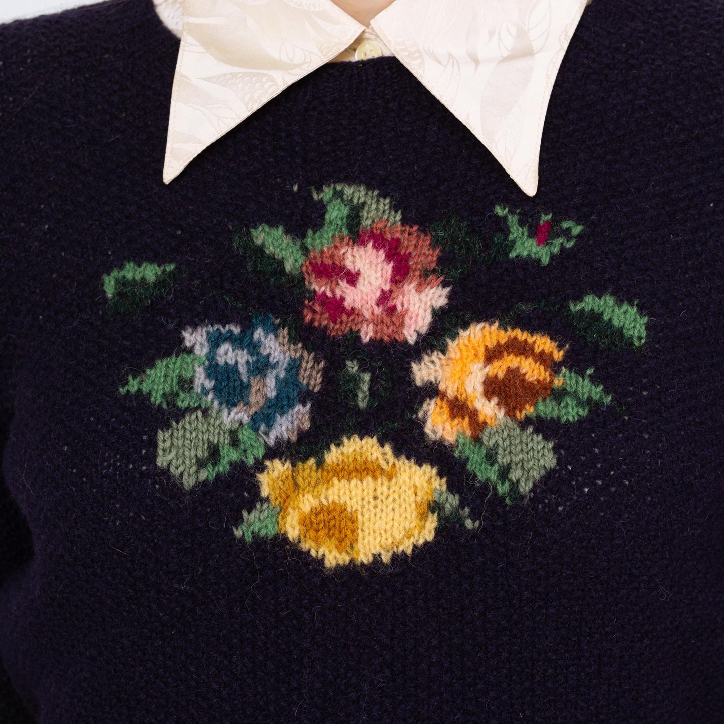 Vintage 80s Ralph Lauren Floral Needlepoint Sampler Cropped Sweater - Small to Medium | Preppy Navy Blue Wool Intarsia Hand-Knit Pullover