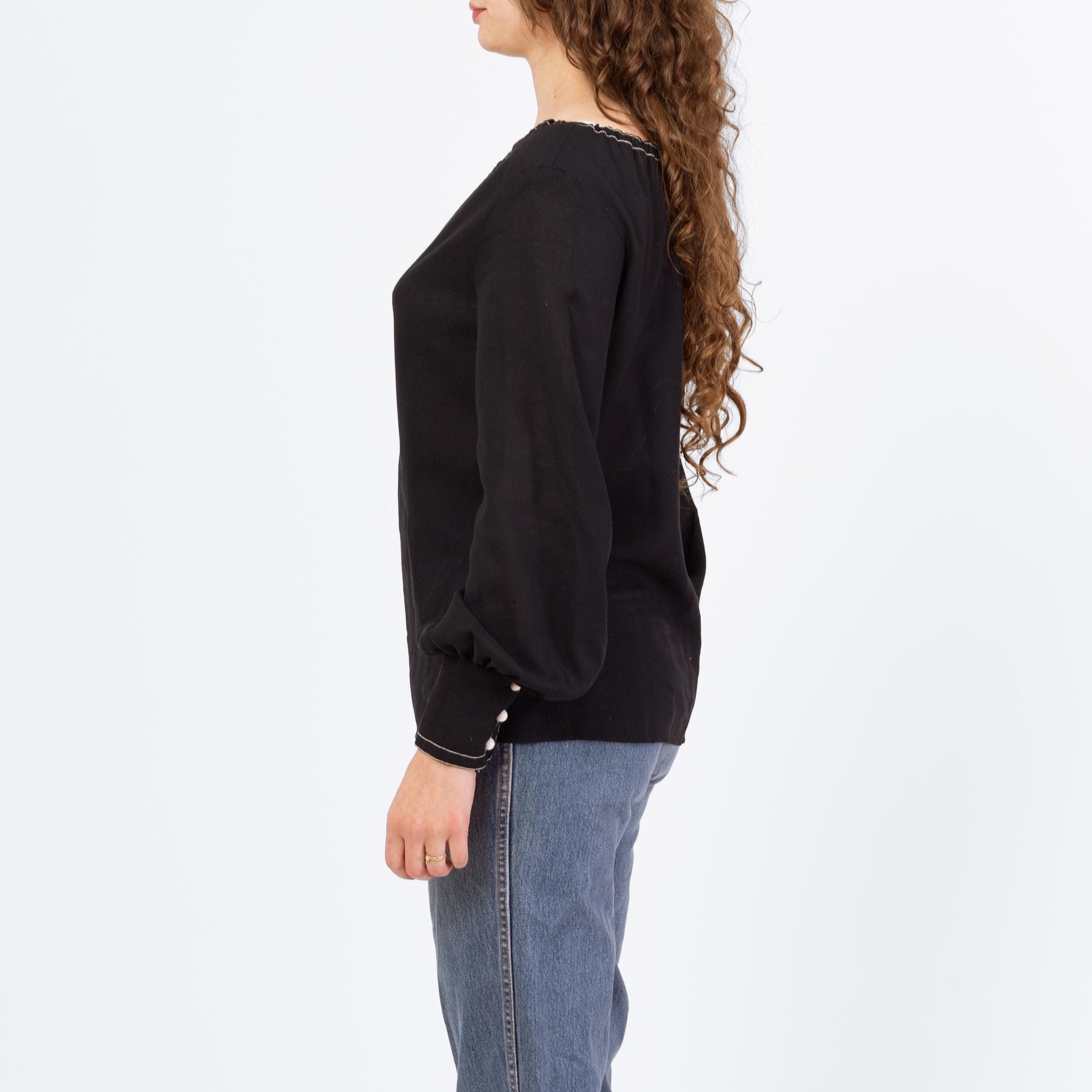 Vintage 70s Gothic Folk Peasant Blouse - Medium | Boho Black Cotton Balloon Sleeve Festival Top
