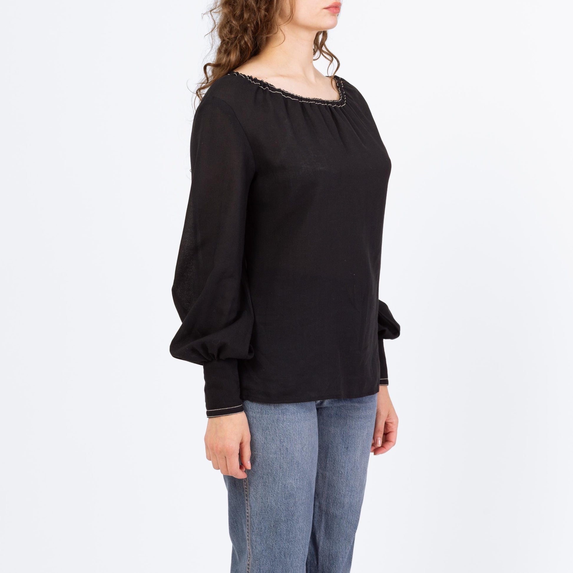 Vintage 70s Gothic Folk Peasant Blouse - Medium | Boho Black Cotton Balloon Sleeve Festival Top