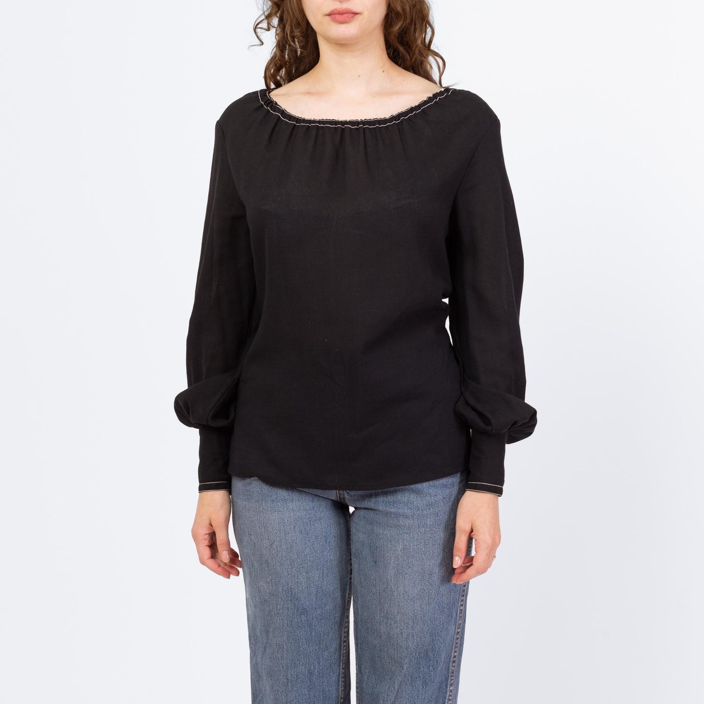 Vintage 70s Gothic Folk Peasant Blouse - Medium | Boho Black Cotton Balloon Sleeve Festival Top