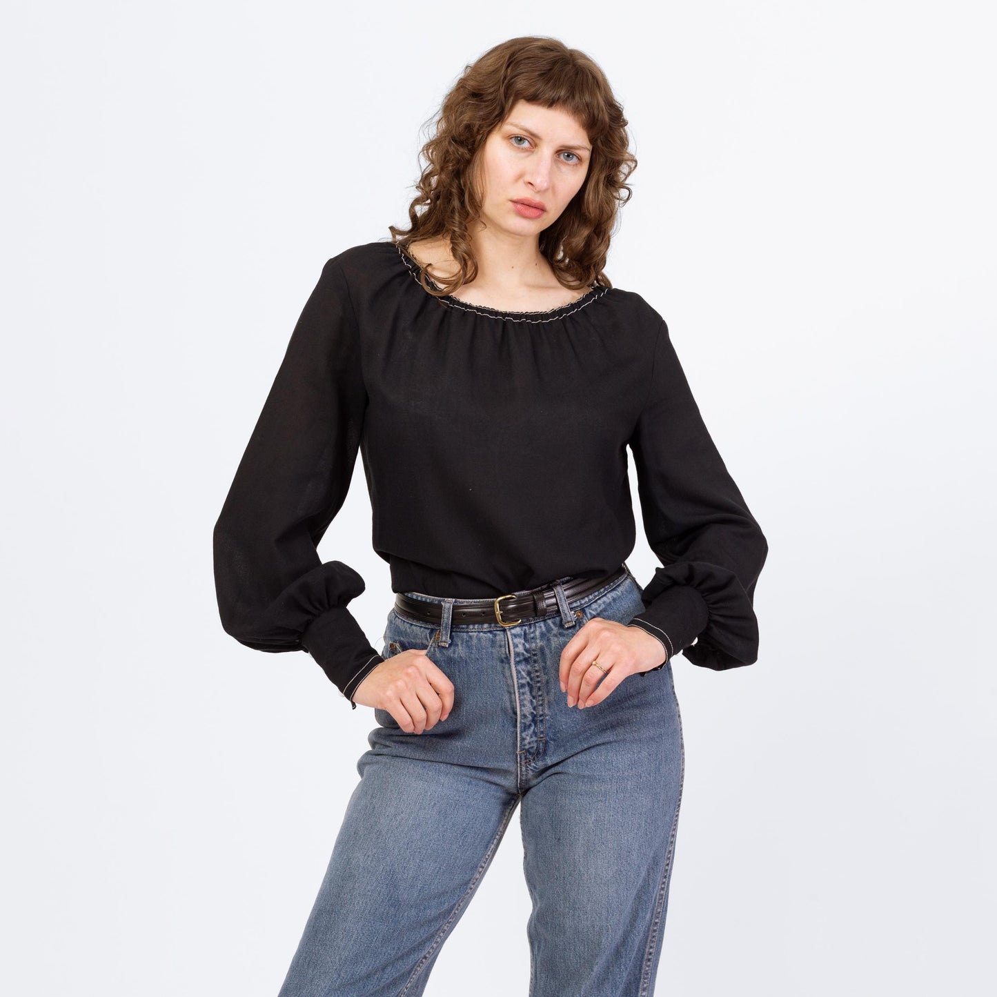 Vintage 70s Gothic Folk Peasant Blouse - Medium | Boho Black Cotton Balloon Sleeve Festival Top