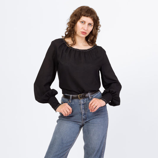 Vintage 70s Gothic Folk Peasant Blouse - Medium | Boho Black Cotton Balloon Sleeve Festival Top