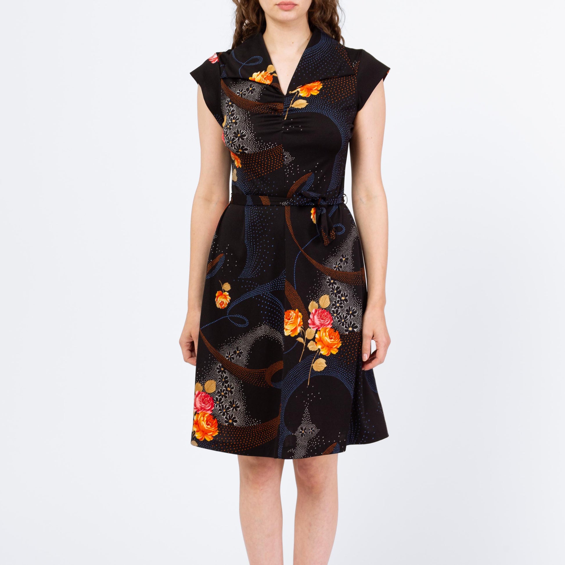 Vintage 70s Black Floral Belted Mini Shirtdress - Medium | Retro Clothing, Cap Sleeve A Line Dress