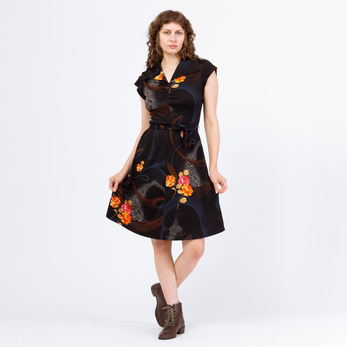 Vintage 70s Black Floral Belted Mini Shirtdress - Medium | Retro Clothing, Cap Sleeve A Line Dress