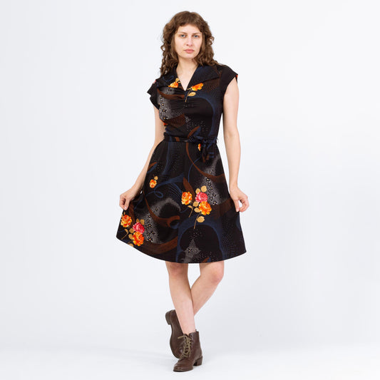 Vintage 70s Black Floral Belted Mini Shirtdress - Medium | Retro Clothing, Cap Sleeve A Line Dress