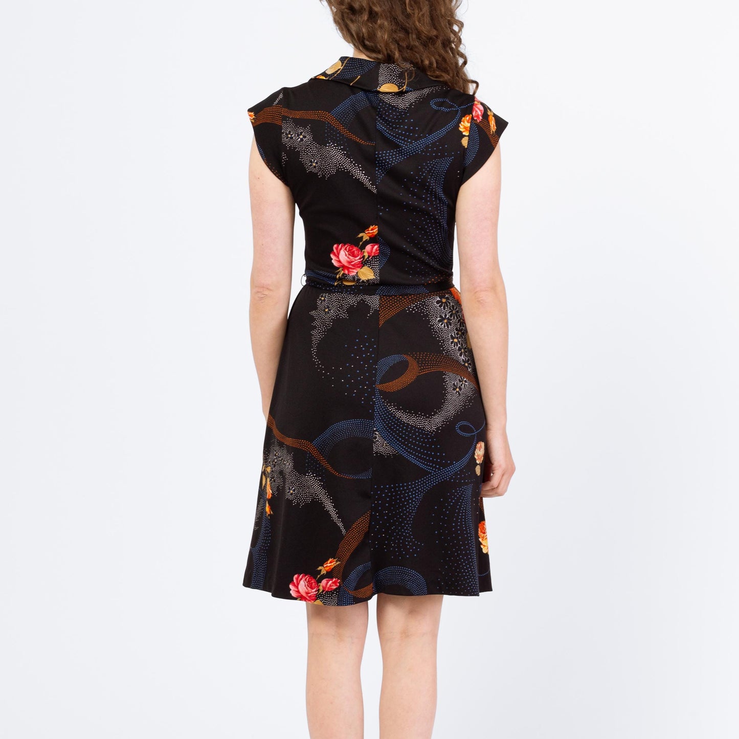 Vintage 70s Black Floral Belted Mini Shirtdress - Medium | Retro Clothing, Cap Sleeve A Line Dress