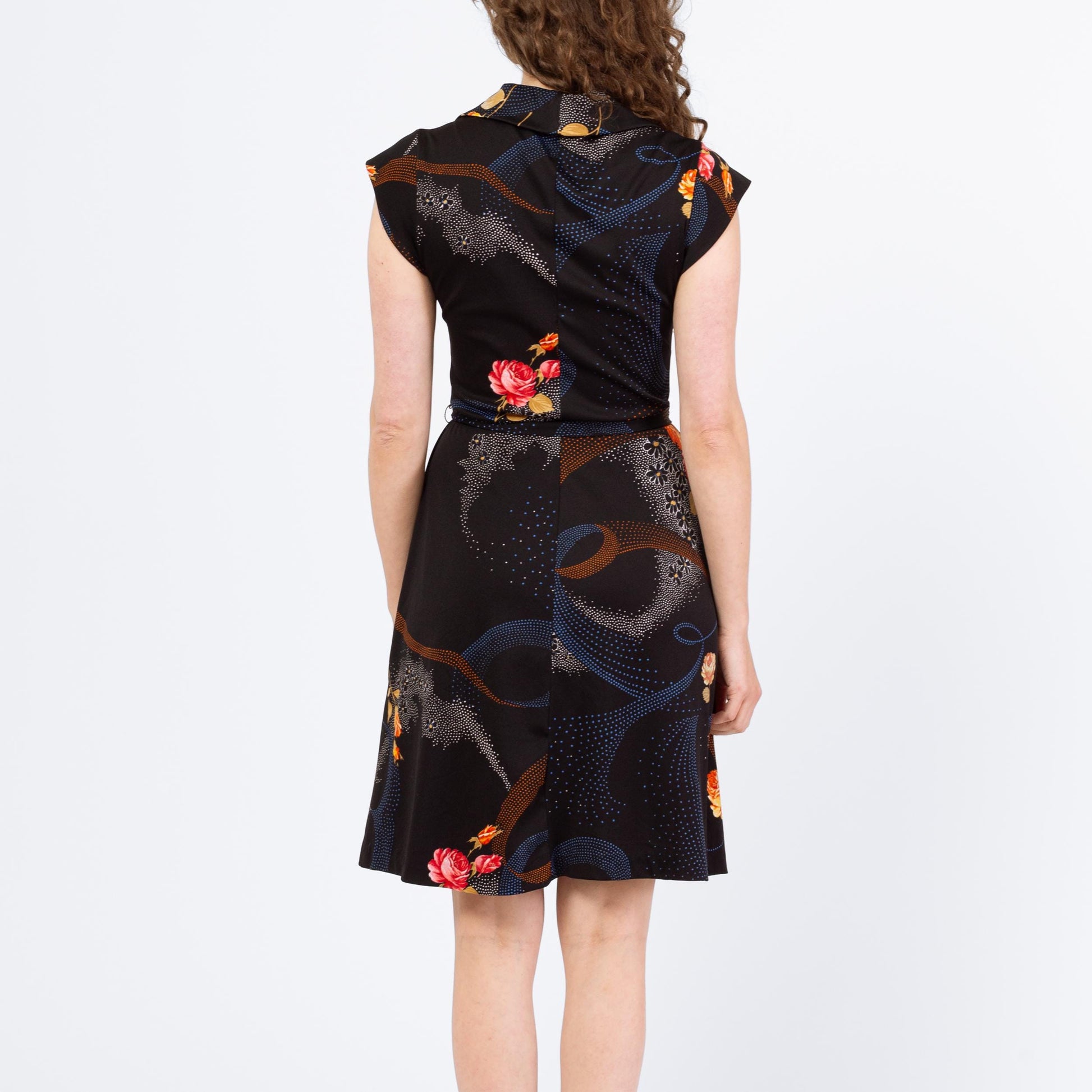 Vintage 70s Black Floral Belted Mini Shirtdress - Medium | Retro Clothing, Cap Sleeve A Line Dress