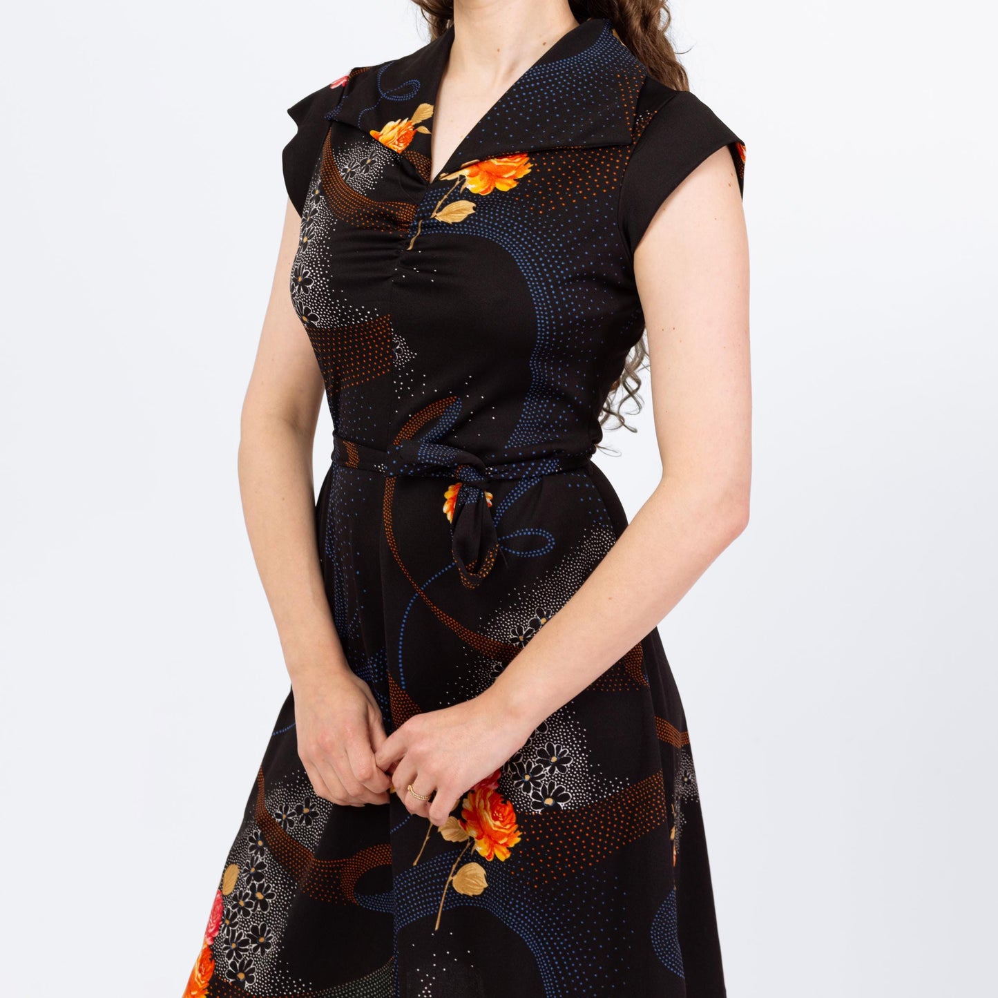 Vintage 70s Black Floral Belted Mini Shirtdress - Medium | Retro Clothing, Cap Sleeve A Line Dress