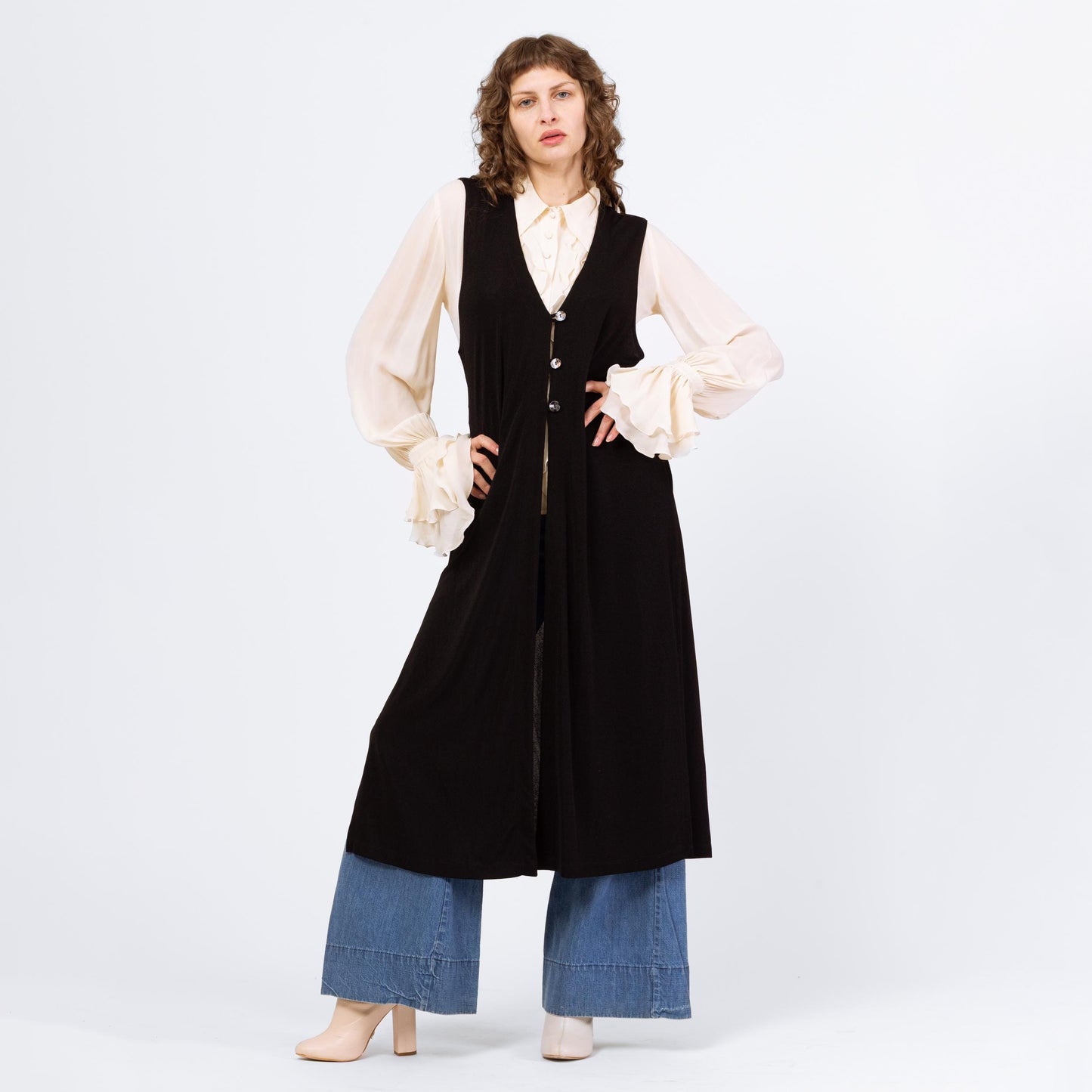 Vintage Y2K Black Slinky Long V Neck Vest - Medium | Oversized Sleeveless Button Up Midi Duster Layering Top