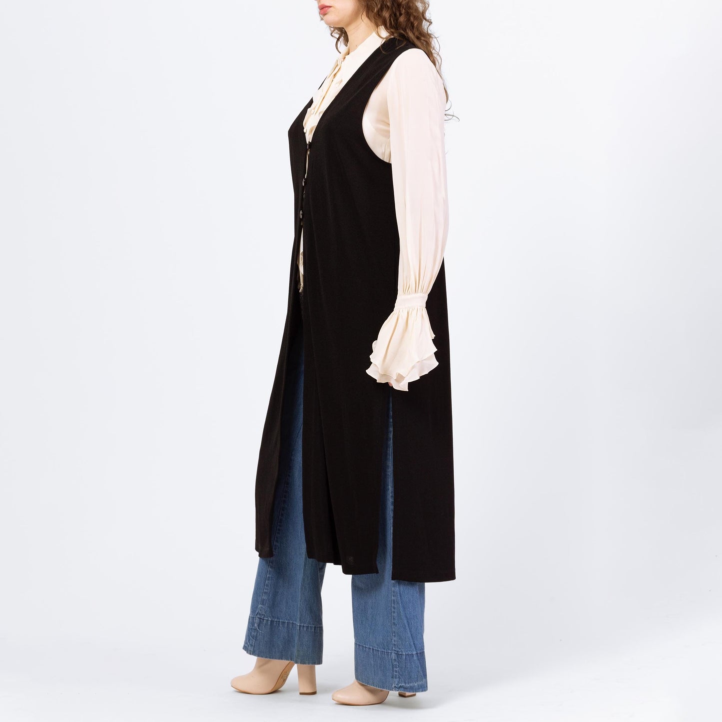 Vintage Y2K Black Slinky Long V Neck Vest - Medium | Oversized Sleeveless Button Up Midi Duster Layering Top