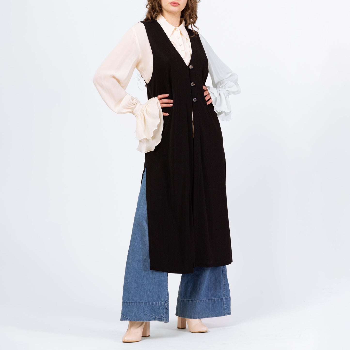Vintage Y2K Black Slinky Long V Neck Vest - Medium | Oversized Sleeveless Button Up Midi Duster Layering Top