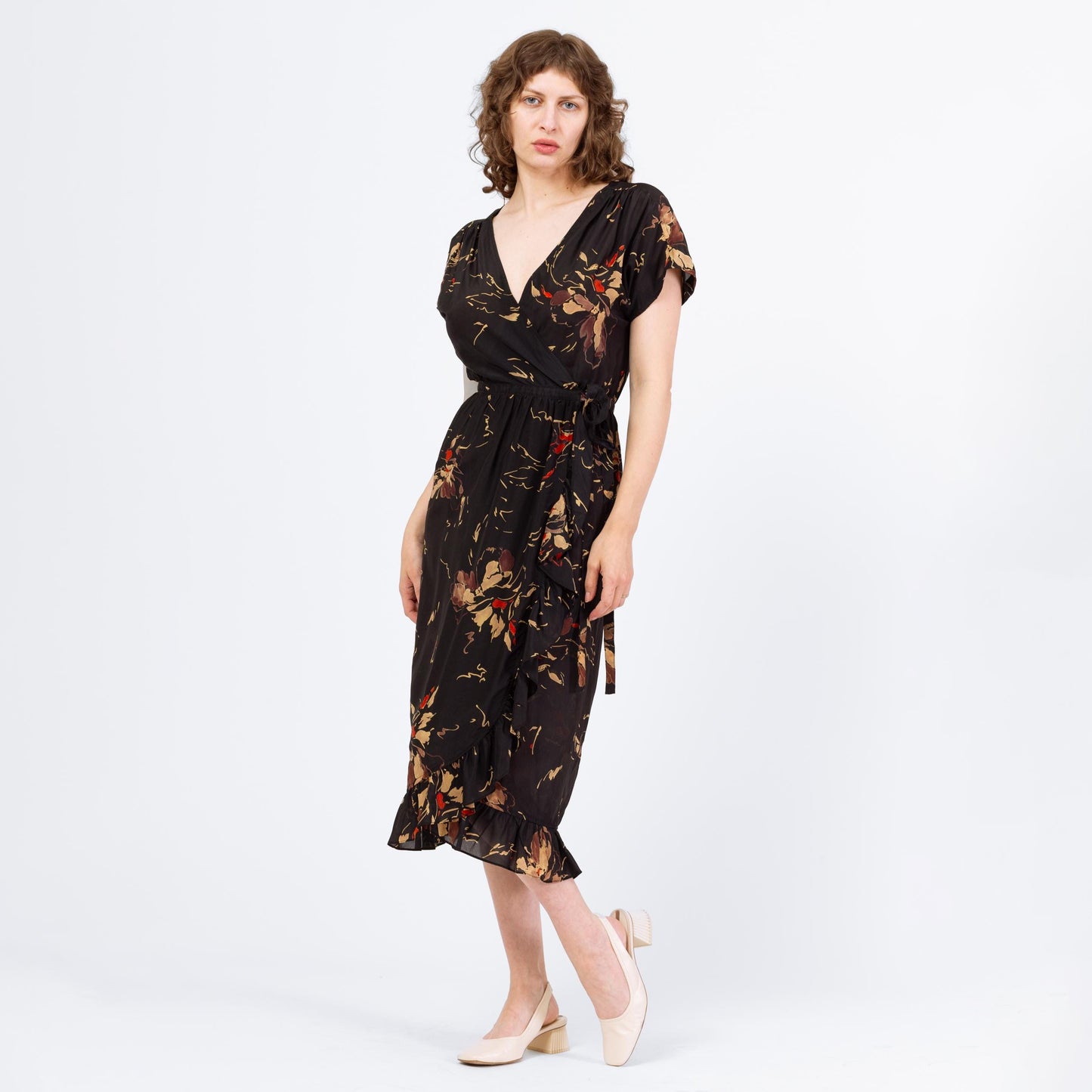 Vintage 80s Albert Nipon Black Floral Silk Midi Wrap Dress - Small | Boho Short Sleeve Flowy Dress