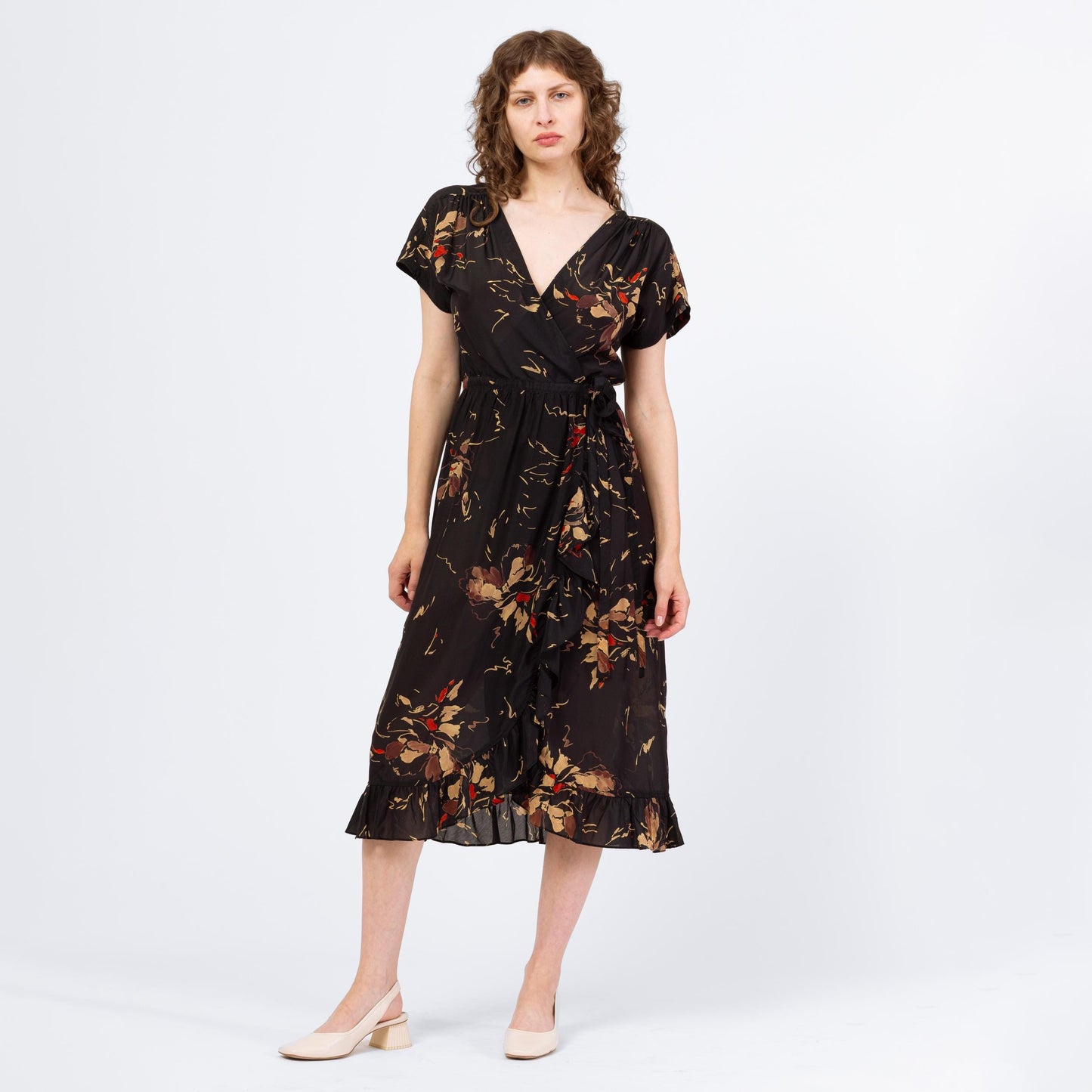 Vintage 80s Albert Nipon Black Floral Silk Midi Wrap Dress - Small | Boho Short Sleeve Flowy Dress