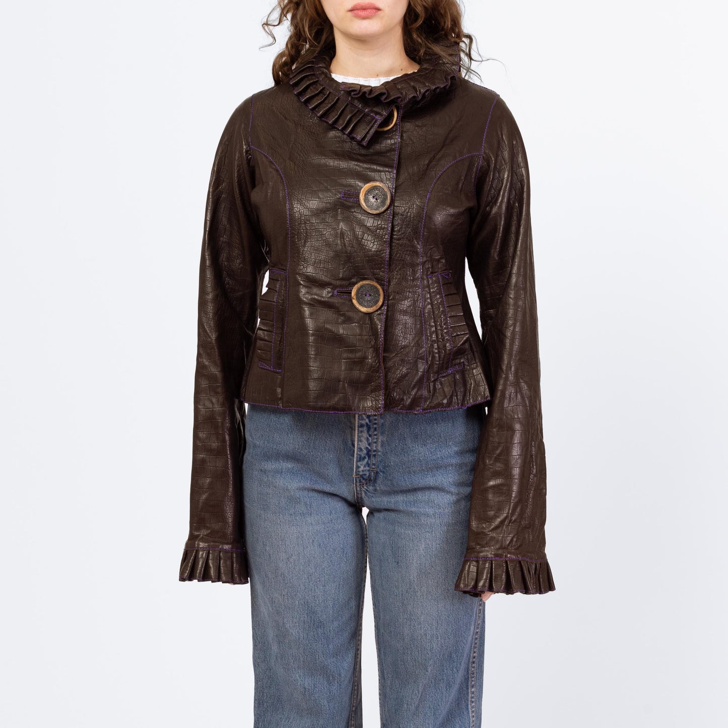 Vintage 90s Grownbeans Karen Groner Embossed Leather Jacket - Medium | Ruffle Collar Button Up Short Coat