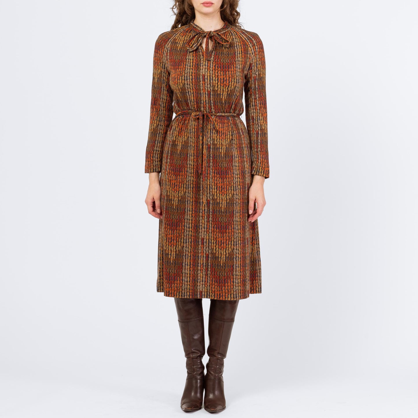 Vintage 70s Earth Tone Flame Stitch Drawstring Waist Midi Shirtdress - Medium | Retro Clothing, Long Sleeve A Line Dress