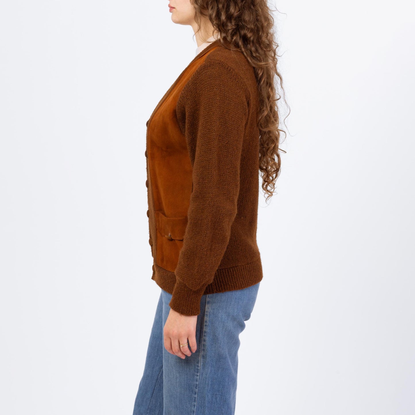 Vintage 70s Brown Suede Knit Sportigan Sweater - Medium | Unisex Leather Trim Button Up V Neck Cardigan