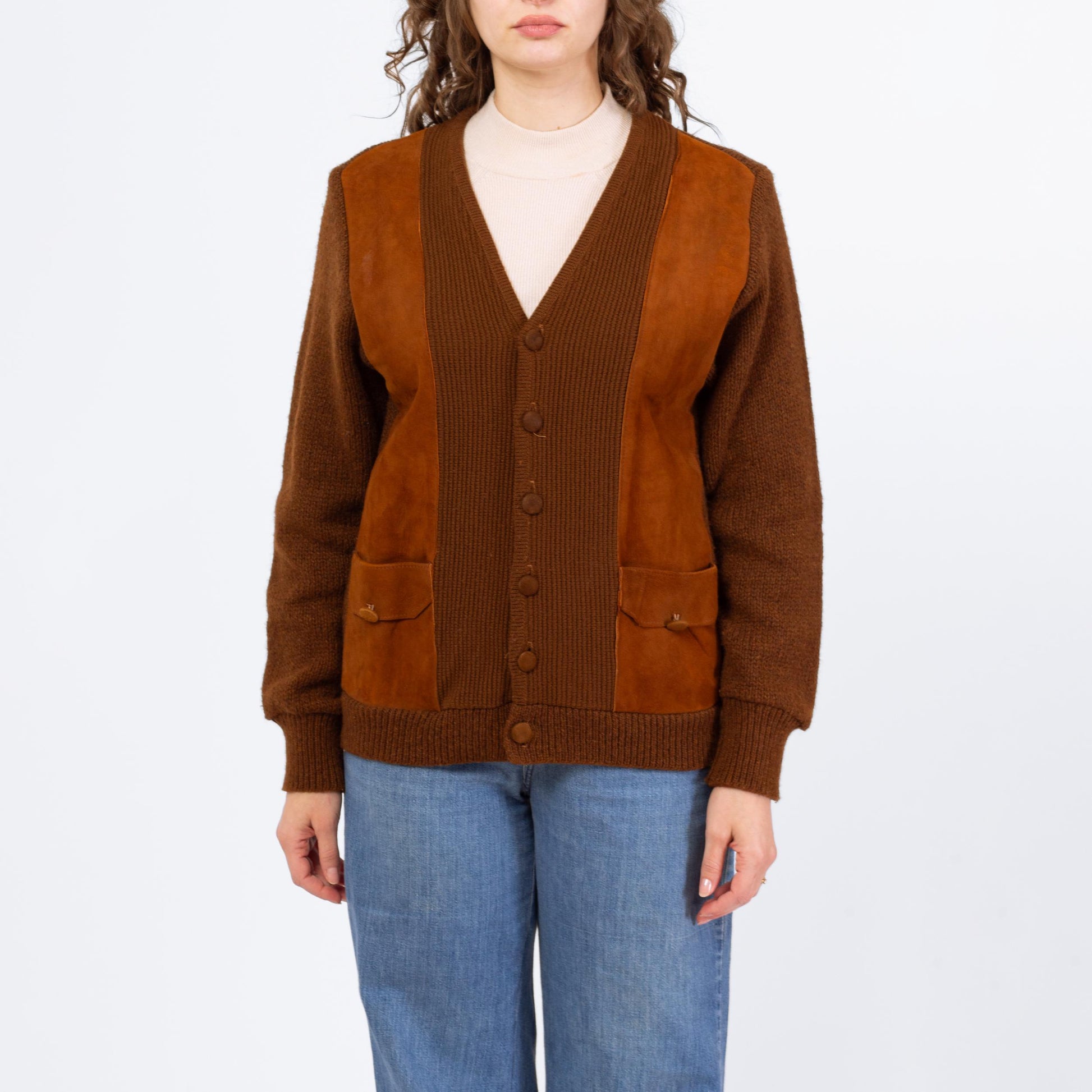 Vintage 70s Brown Suede Knit Sportigan Sweater - Medium | Unisex Leather Trim Button Up V Neck Cardigan